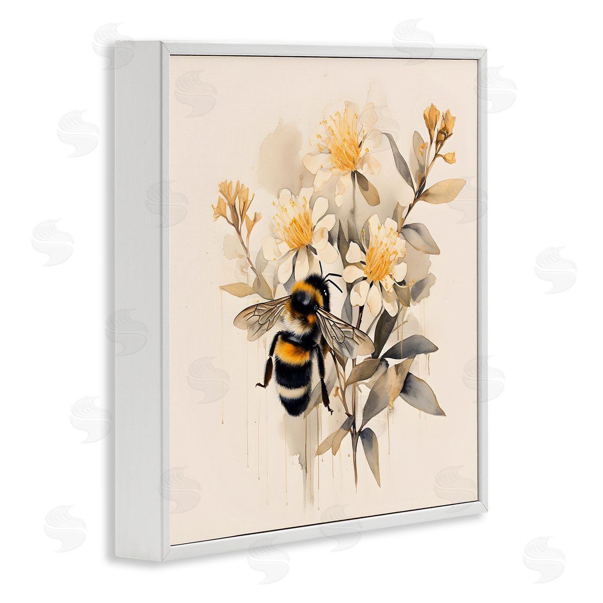 Honeybee with Daisies White Frame Print Wall Art, Home Decor by Petal Prints Design