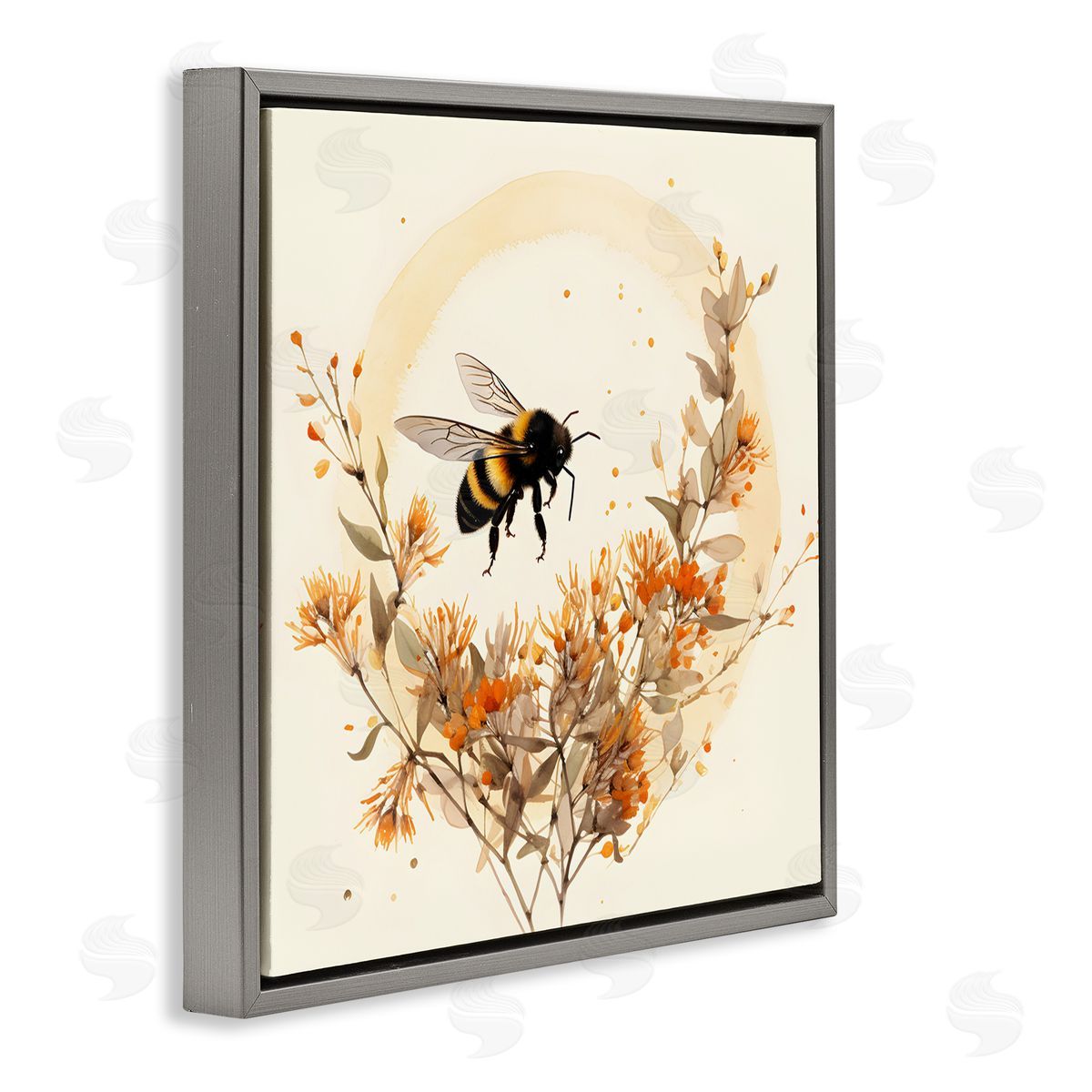 Bee Florals View Grey Floating Frame Canvas Wall Art, Home Decor by Petal Prints Design