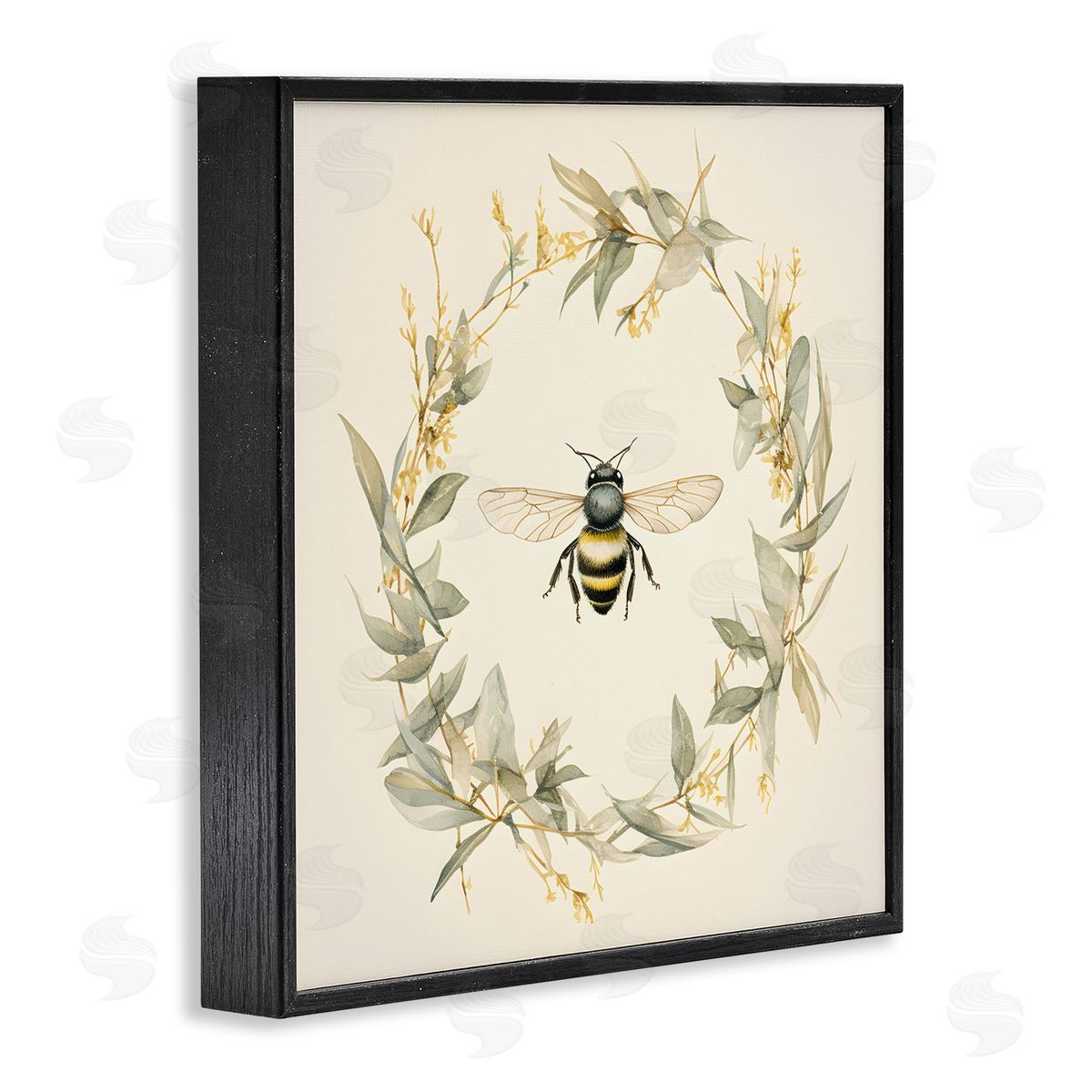 Soft Bee Wreath Black Frame Print Wall Art, Home Decor by Petal Prints Design