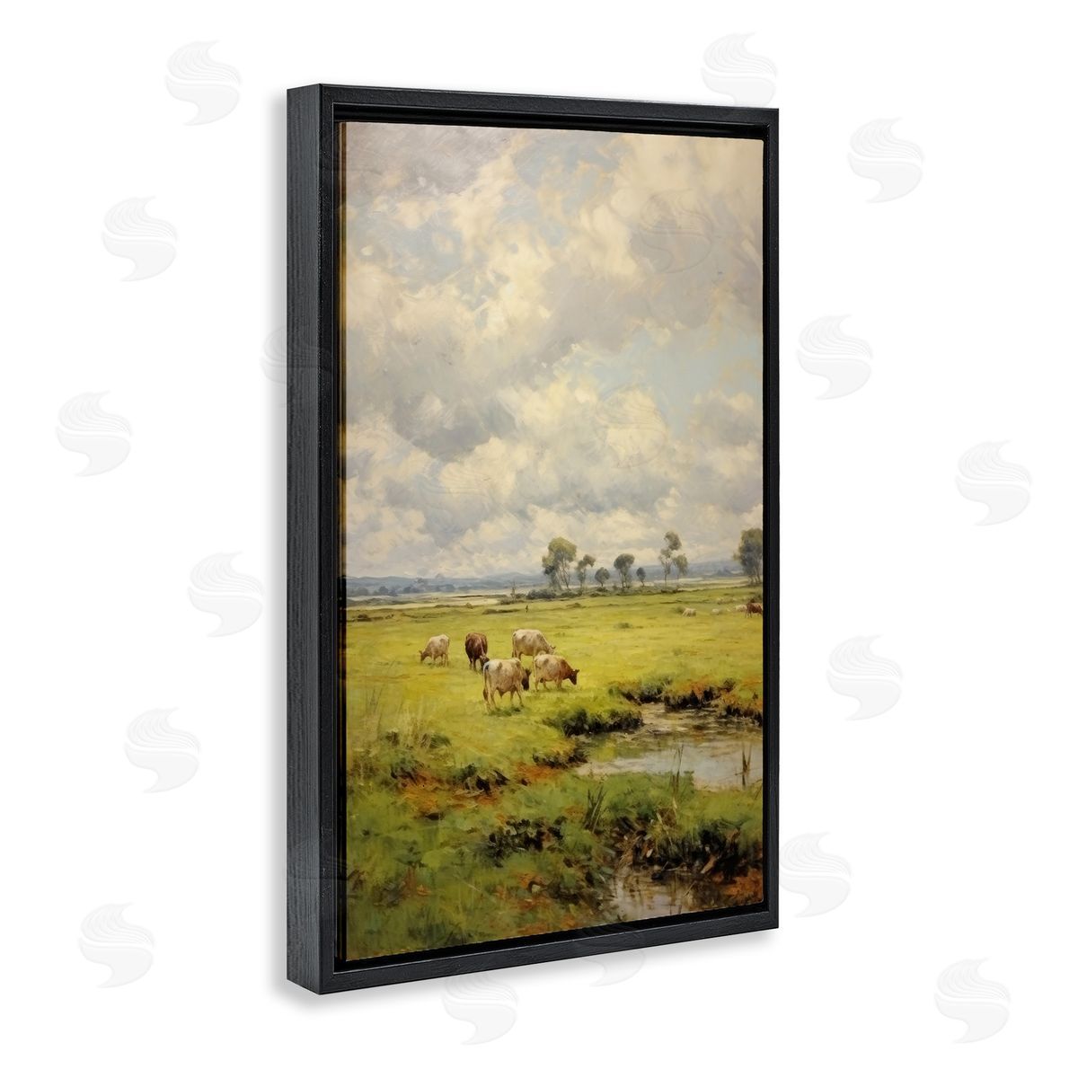 Grazing Cows Countryside Black Floating Frame Canvas Wall Art, Home Decor by Petal Prints Design