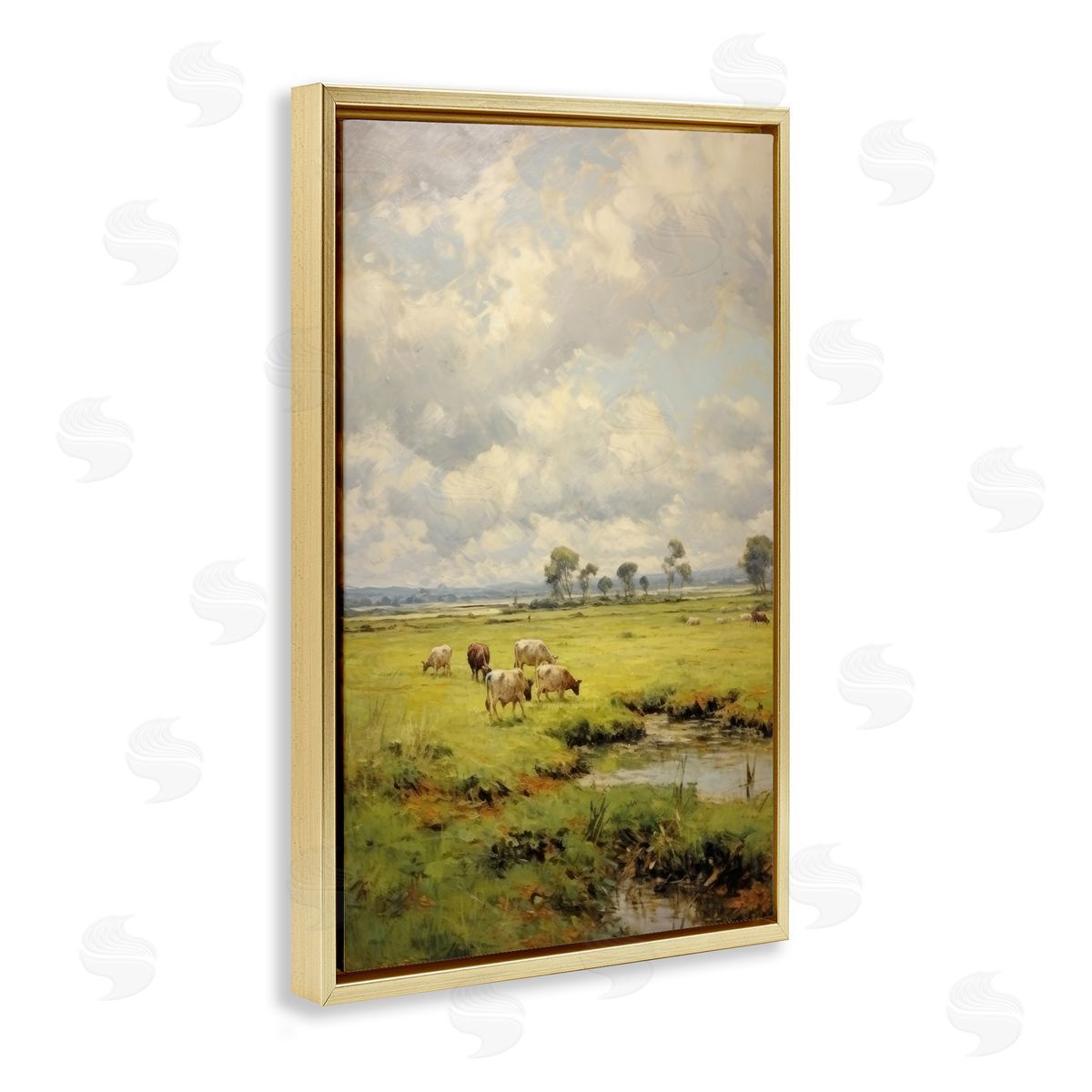 Grazing Cows Countryside Gold Floating Frame Canvas Wall Art, Home Decor by Petal Prints Design