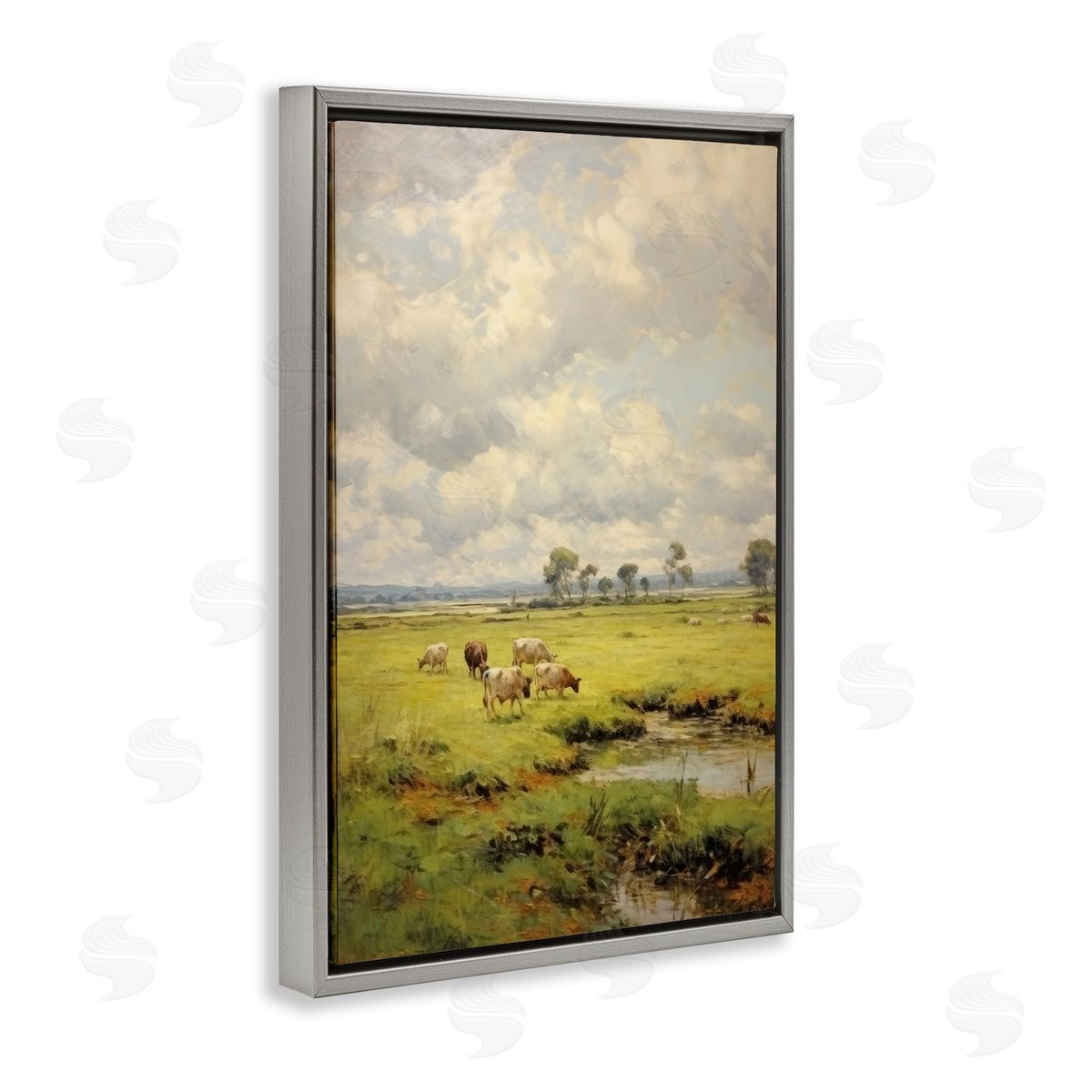 Grazing Cows Countryside Grey Floating Frame Canvas Wall Art, Home Decor by Petal Prints Design