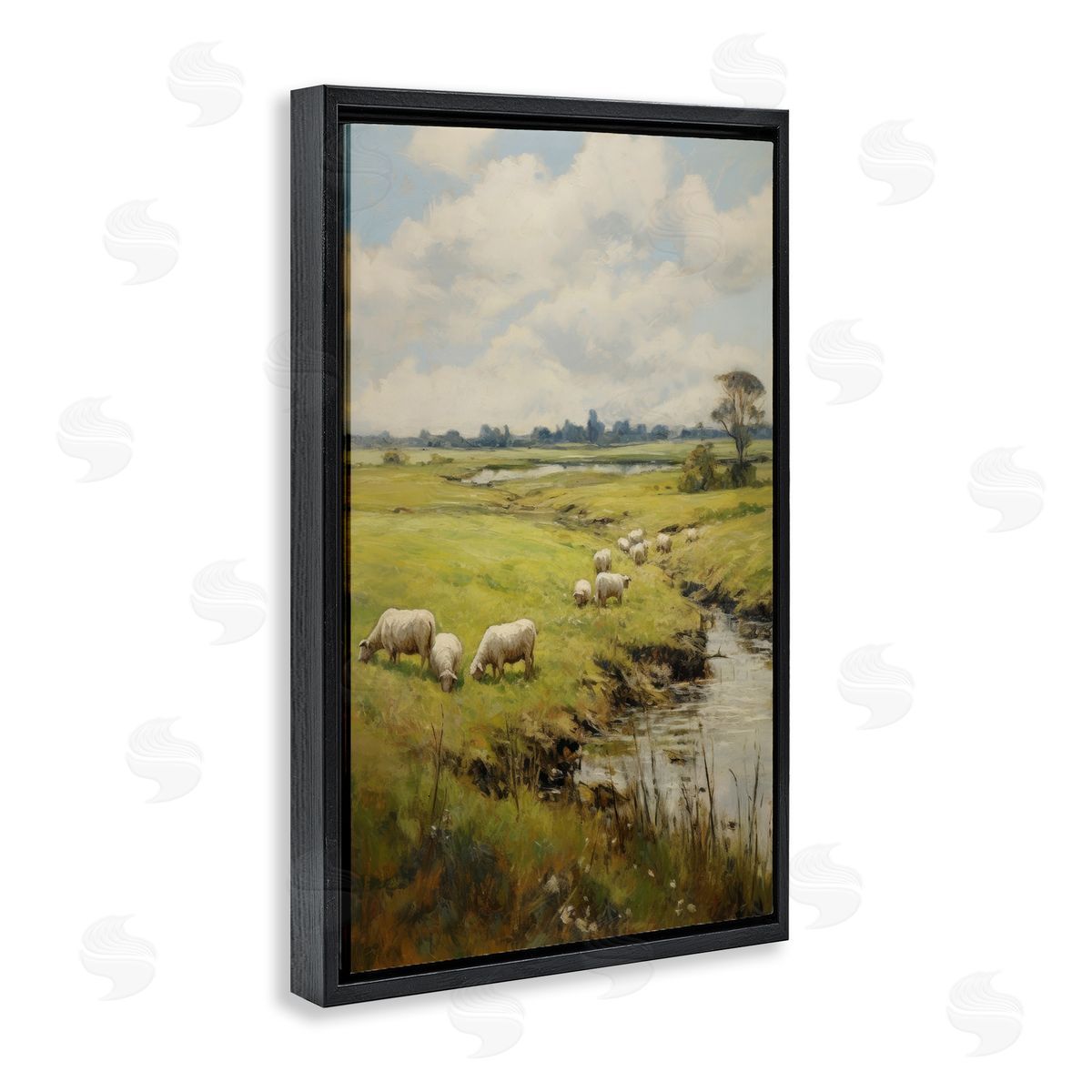Grazing Sheep Countryside Black Floating Frame Canvas Wall Art, Home Decor by Petal Prints Design