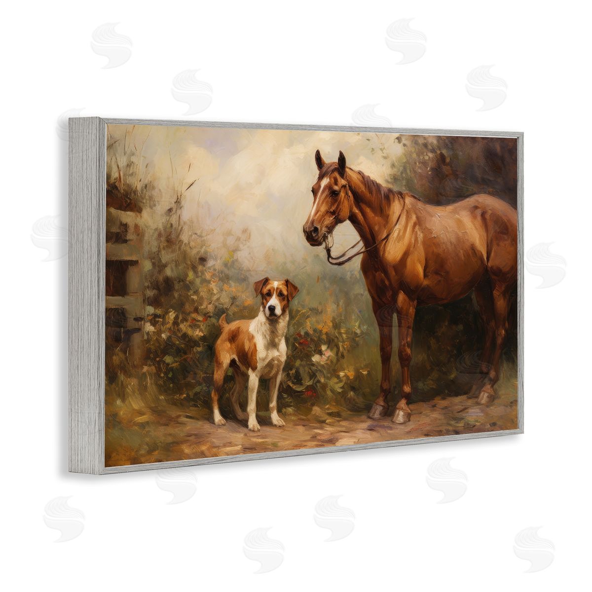 Horse and Dog in Nature Grey Frame Print Wall Art, Home Decor by Petal Prints Design