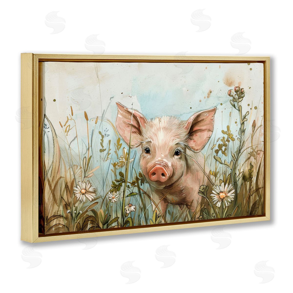 Piglet Among Flowers Gold Floating Frame Canvas Wall Art, Home Decor by Petals Prints Design