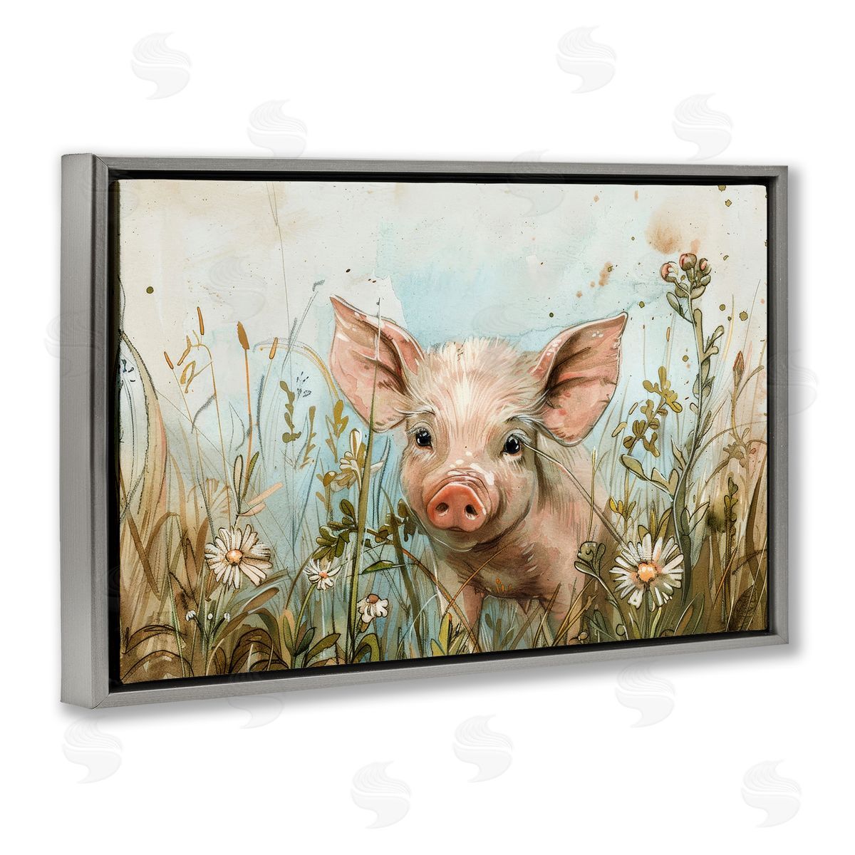 Piglet Among Flowers Grey Floating Frame Canvas Wall Art, Home Decor by Petals Prints Design