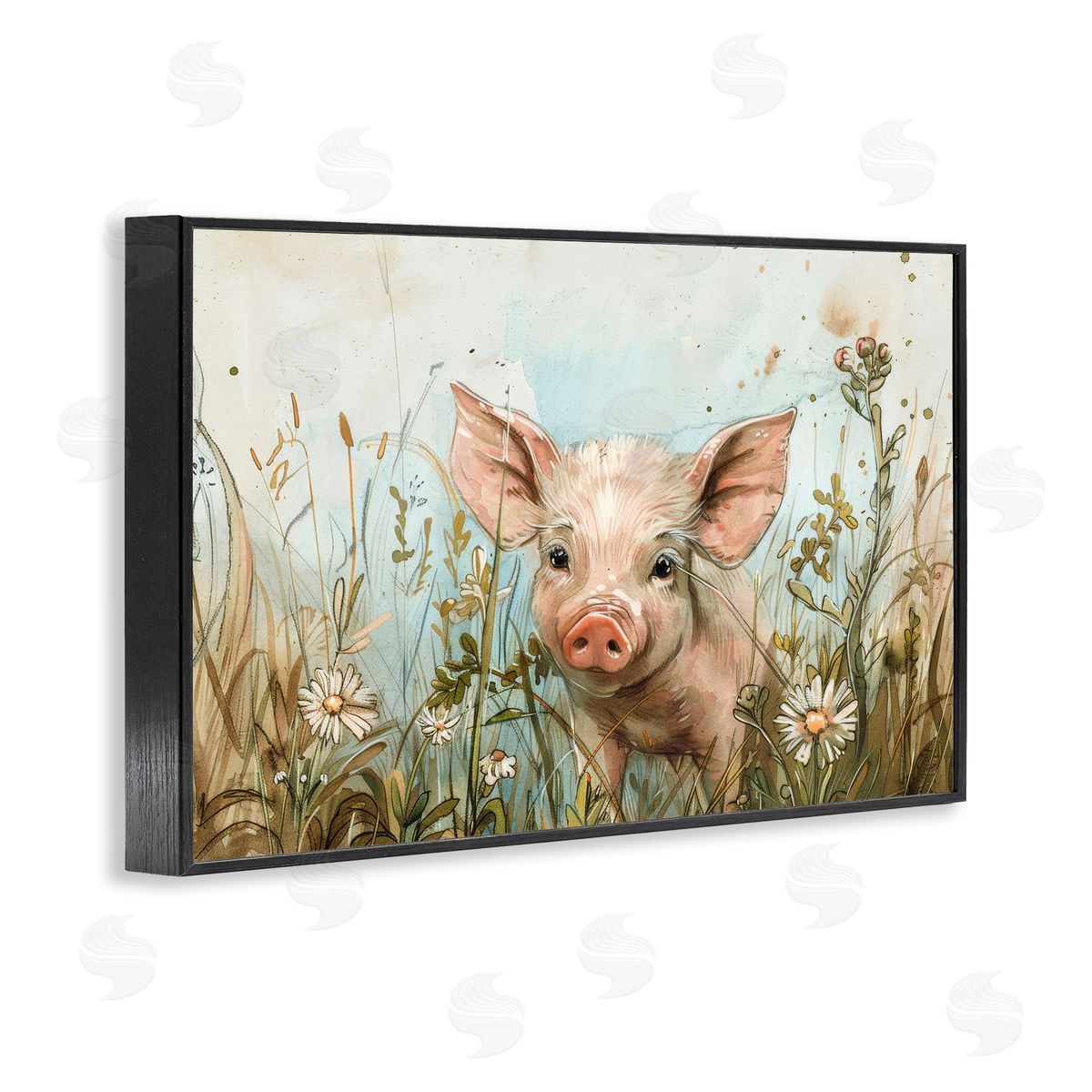 Piglet Among Flowers Black Frame Print Wall Art, Home Decor by Petals Prints Design