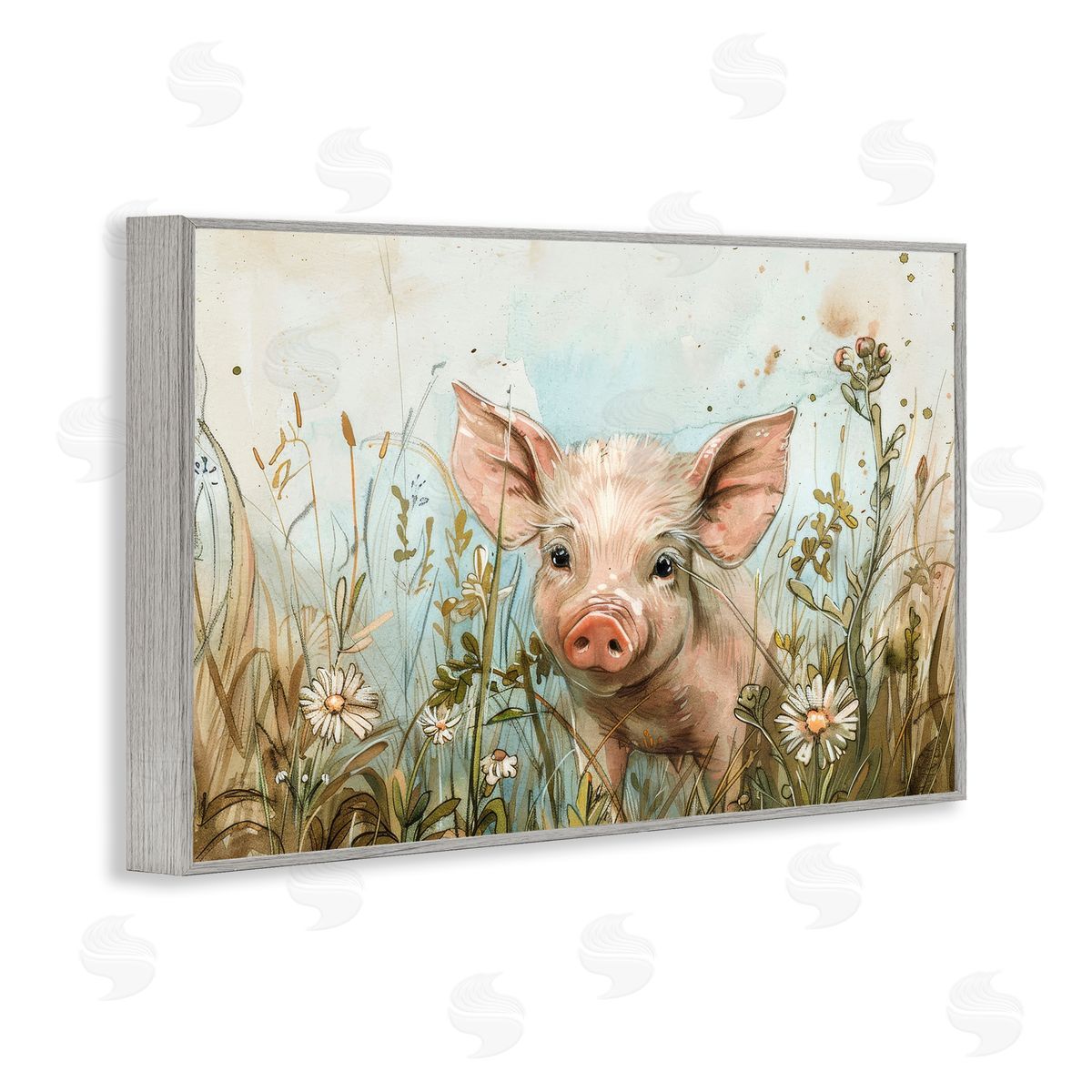 Piglet Among Flowers Grey Frame Print Wall Art, Home Decor by Petals Prints Design