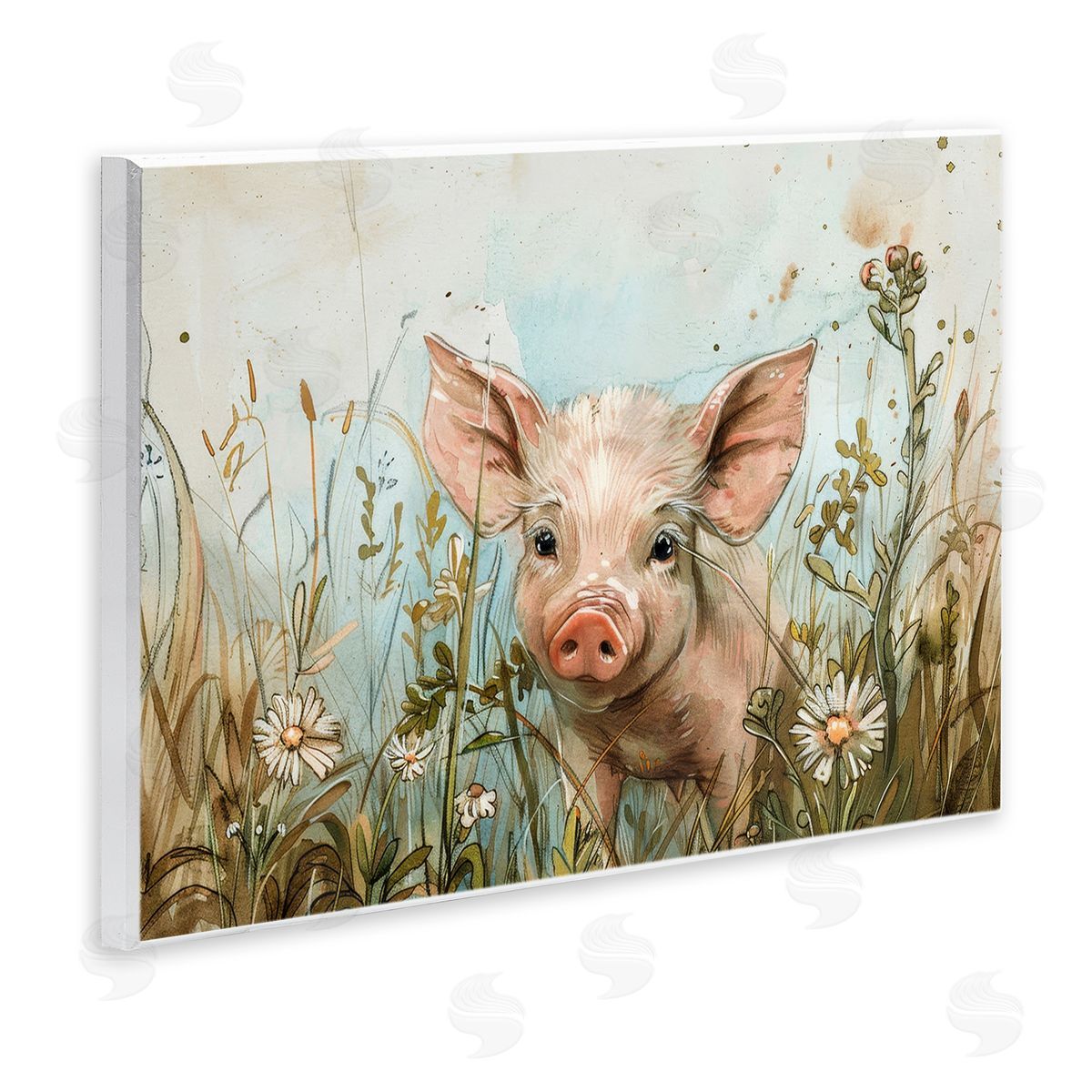 Piglet Among Flowers Wood Plaque Wall Art, Home Decor by Petals Prints Design