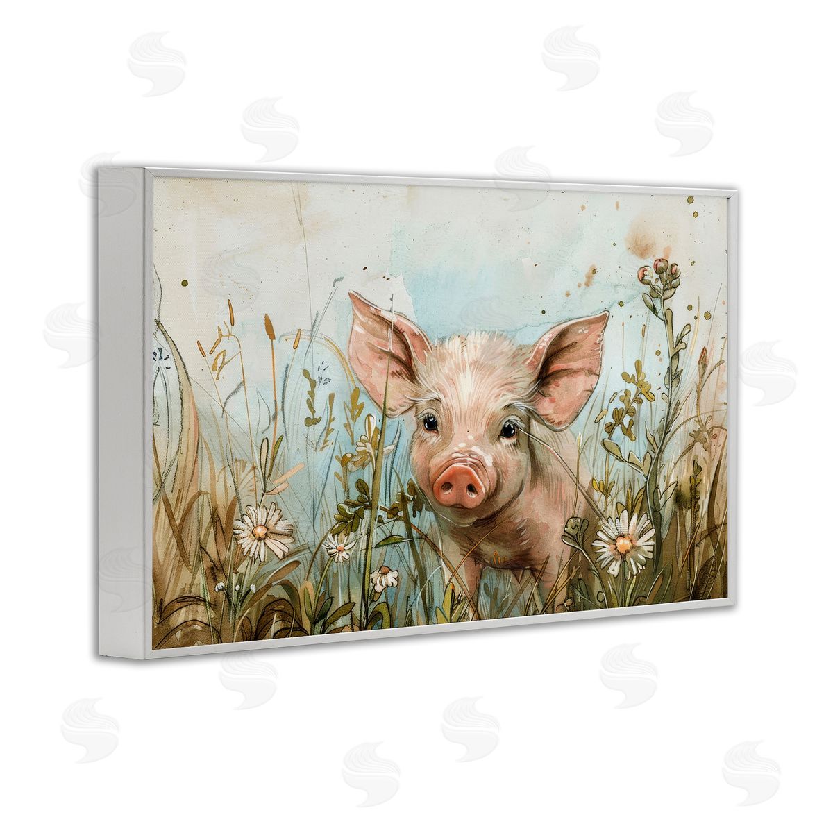 Piglet Among Flowers White Frame Print Wall Art, Home Decor by Petals Prints Design