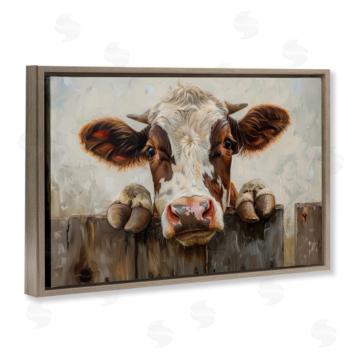 Cow On Fence Brown Floating Frame Canvas Wall Art, Home Decor by Petals Prints Design