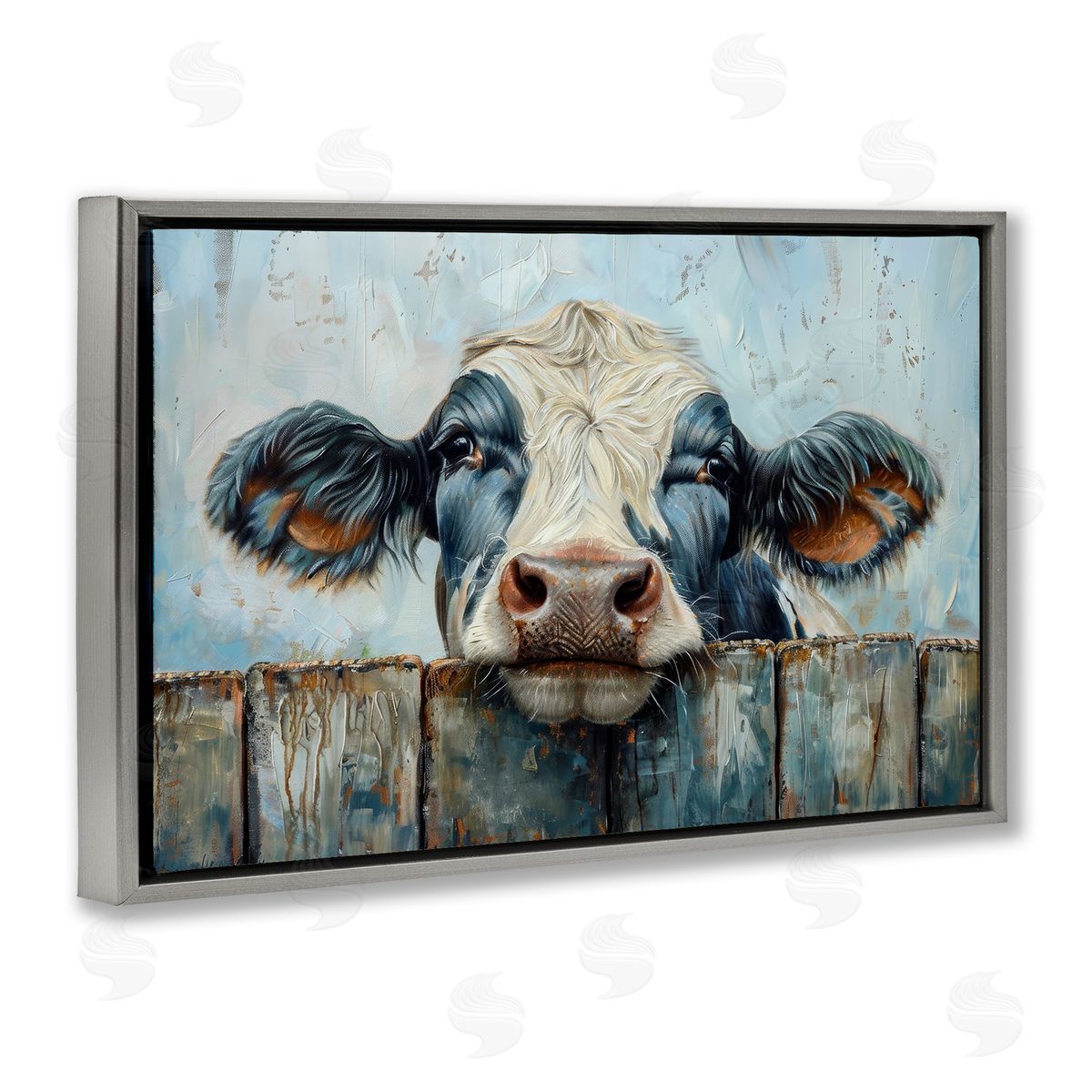 Howdy Neighbor Cow Grey Floating Frame Canvas Wall Art, Home Decor by Petals Prints Design