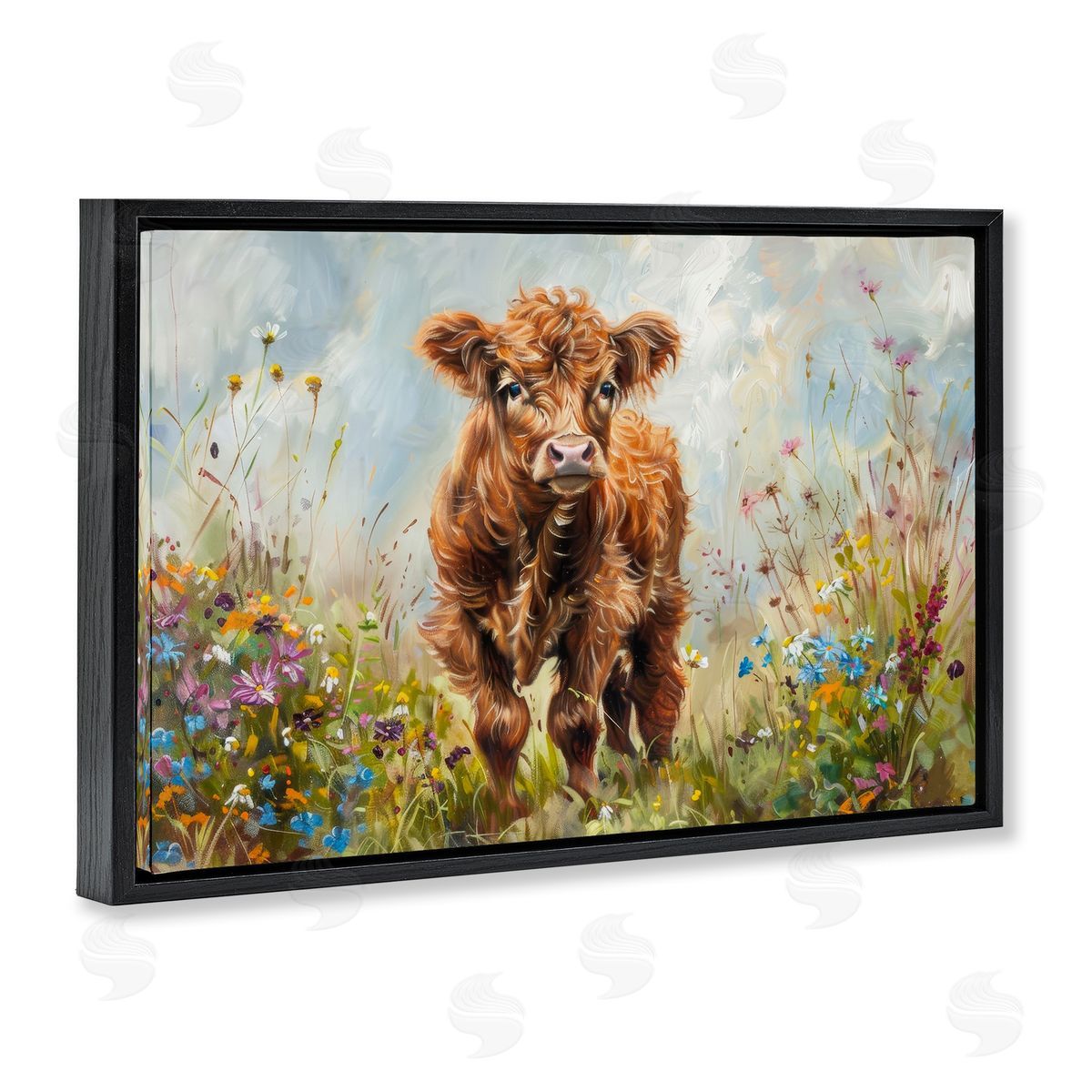 Mountain Cow Scene Black Floating Frame Canvas Wall Art, Home Decor by Petals Prints Design