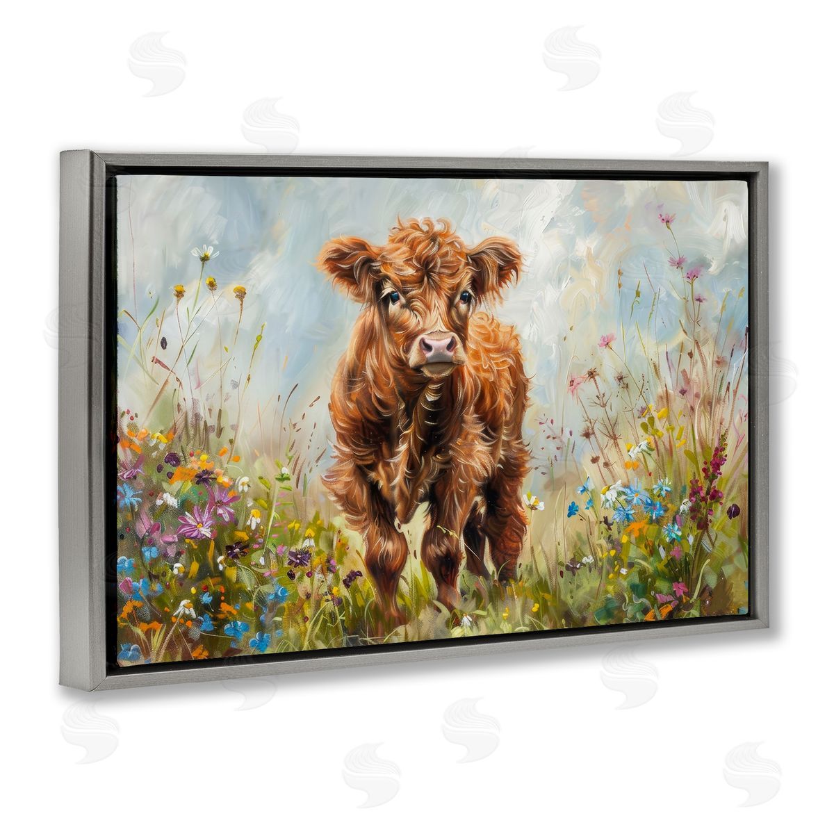 Mountain Cow Scene Grey Floating Frame Canvas Wall Art, Home Decor by Petals Prints Design