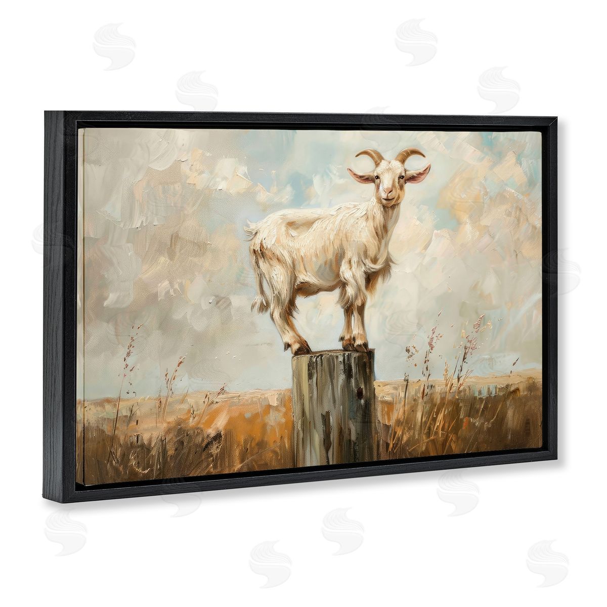 On The Fence Goat Black Floating Frame Canvas Wall Art, Home Decor by Petals Prints Design