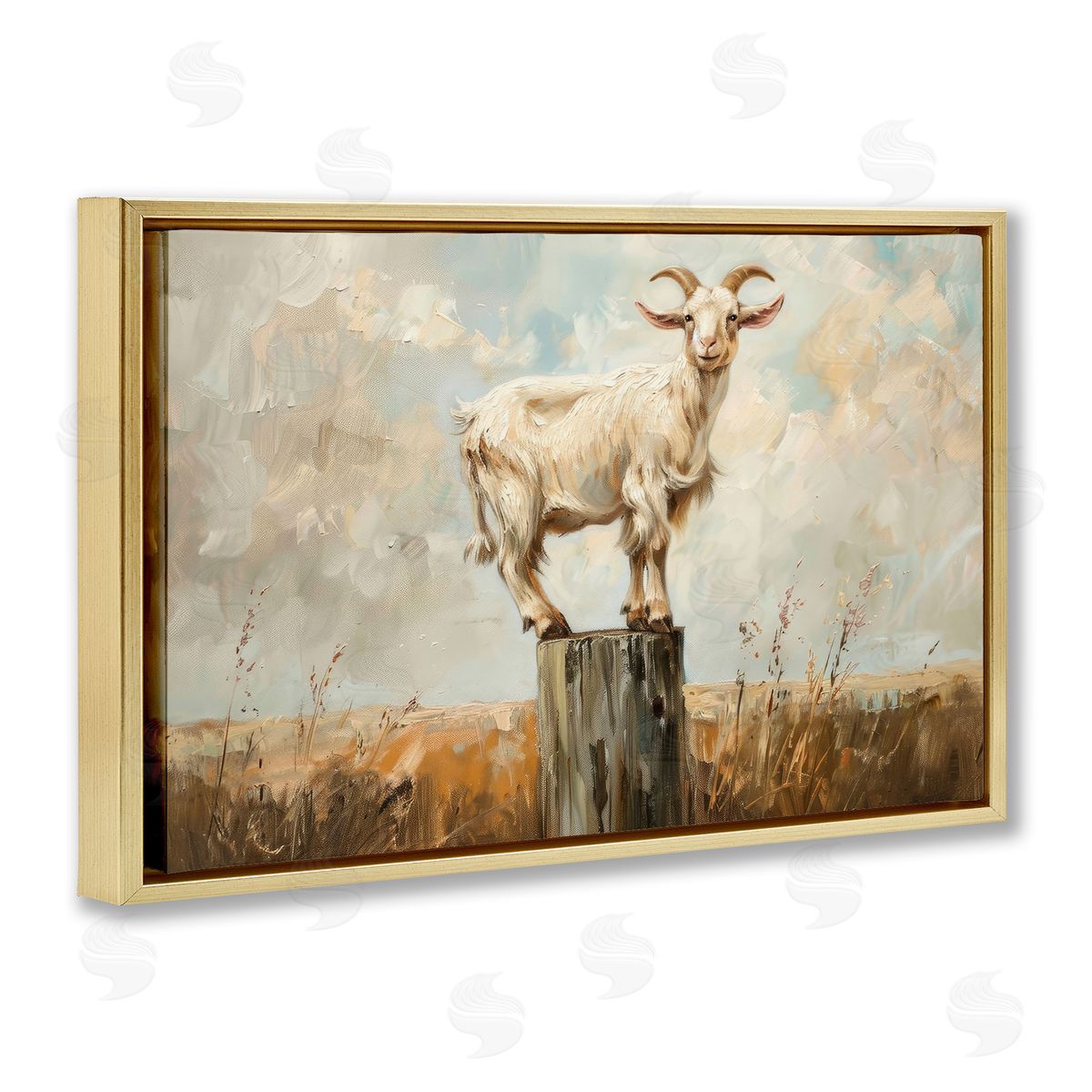 On The Fence Goat Gold Floating Frame Canvas Wall Art, Home Decor by Petals Prints Design