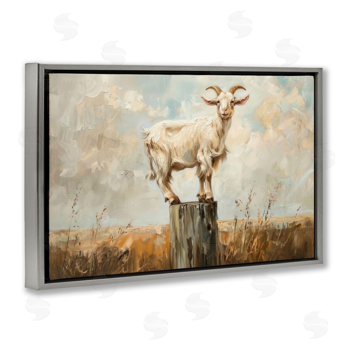 On The Fence Goat Grey Floating Frame Canvas Wall Art, Home Decor by Petals Prints Design