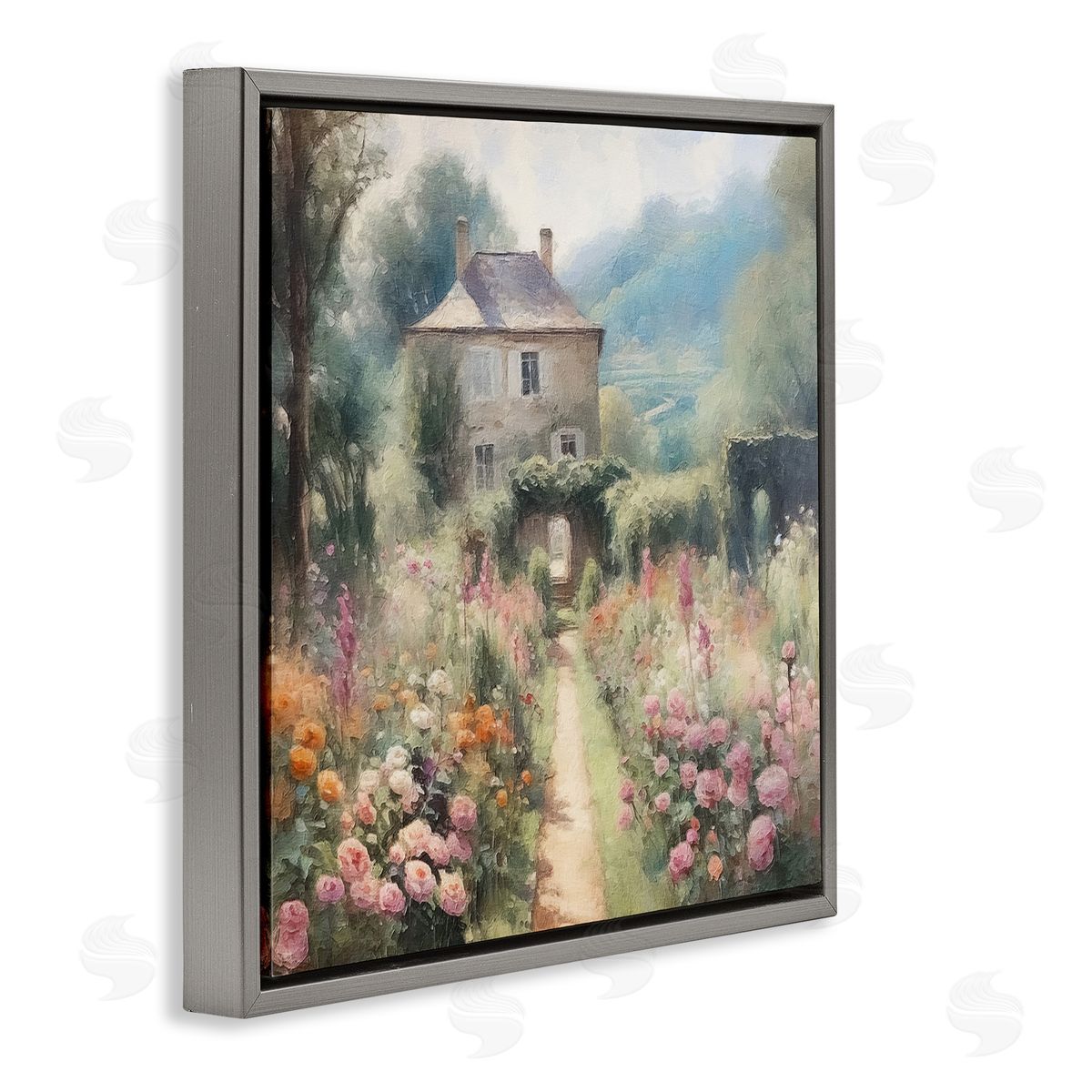 Blooming Cottage Path Grey Floating Frame Canvas Wall Art, Home Decor by RileyB