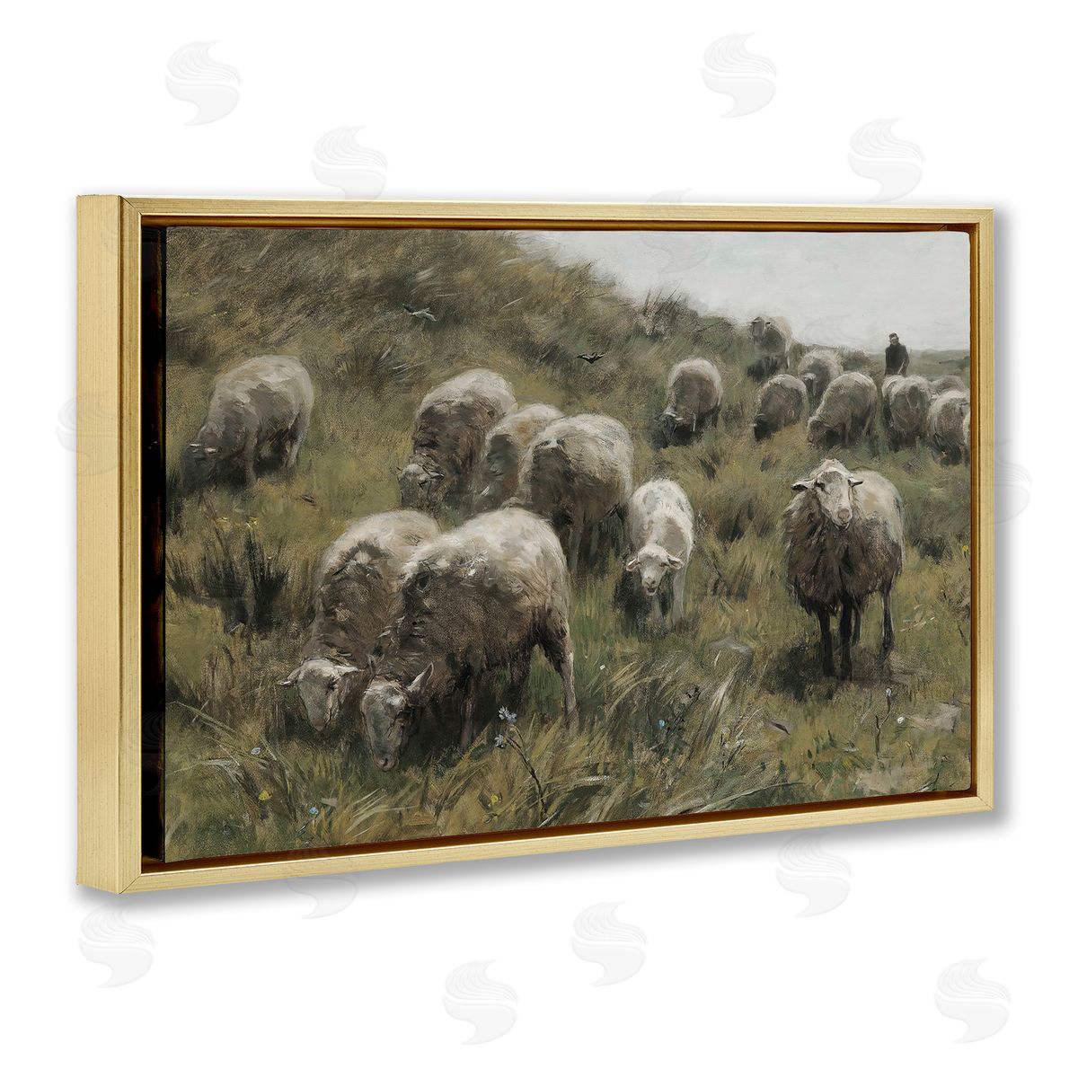 Sheep At Pasture Gold Floating Frame Canvas Wall Art, Home Decor by RileyB