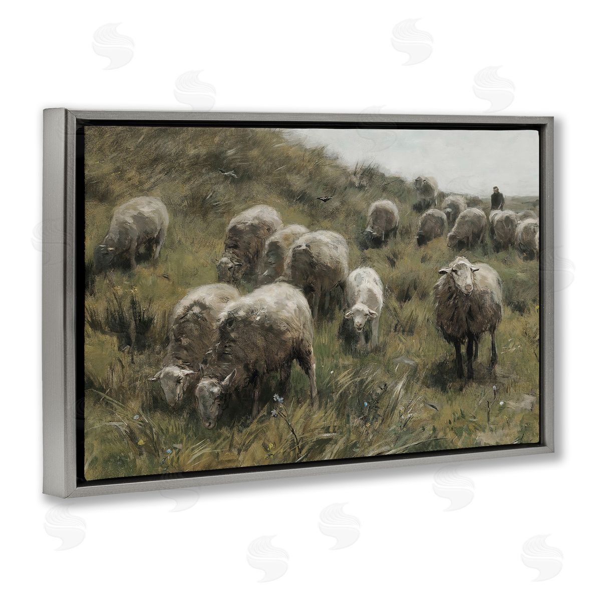 Sheep At Pasture Grey Floating Frame Canvas Wall Art, Home Decor by RileyB