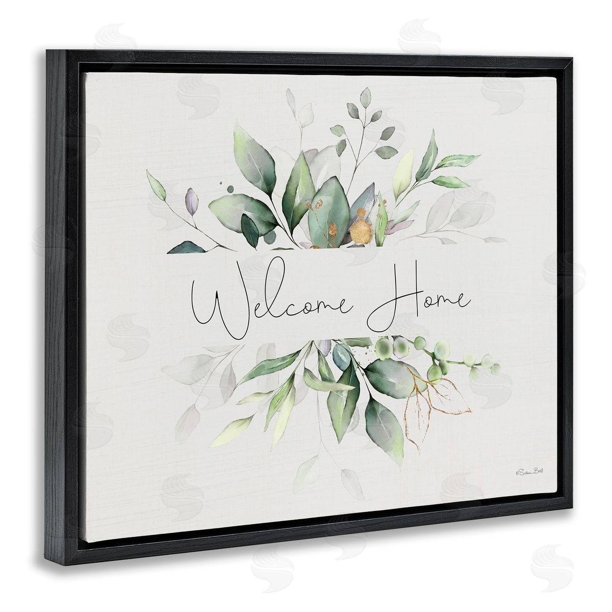 Soft Leaves Welcome Black Floating Frame Canvas Wall Art, Home Decor by Susan Ball
