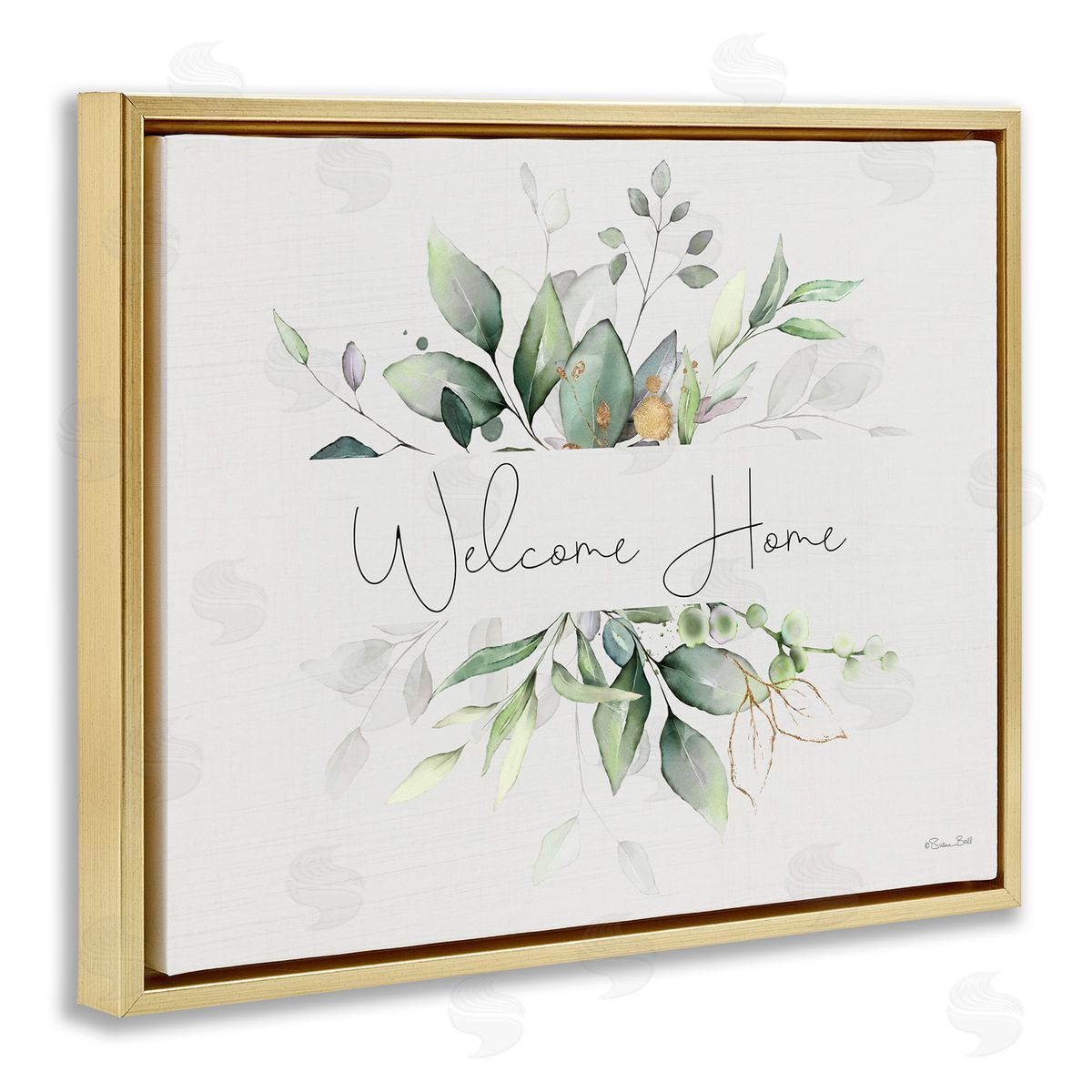 Soft Leaves Welcome Gold Floating Frame Canvas Wall Art, Home Decor by Susan Ball