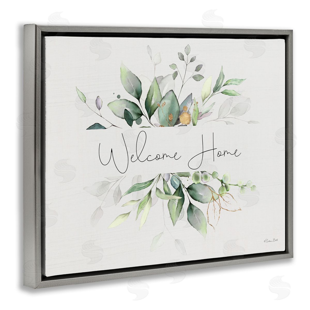 Soft Leaves Welcome Grey Floating Frame Canvas Wall Art, Home Decor by Susan Ball