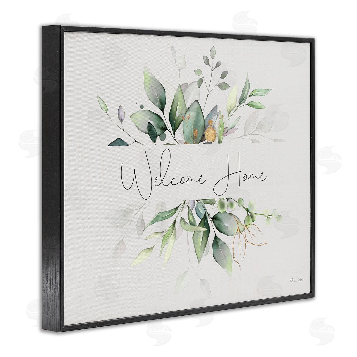 Soft Leaves Welcome Black Frame Print Wall Art, Home Decor by Susan Ball