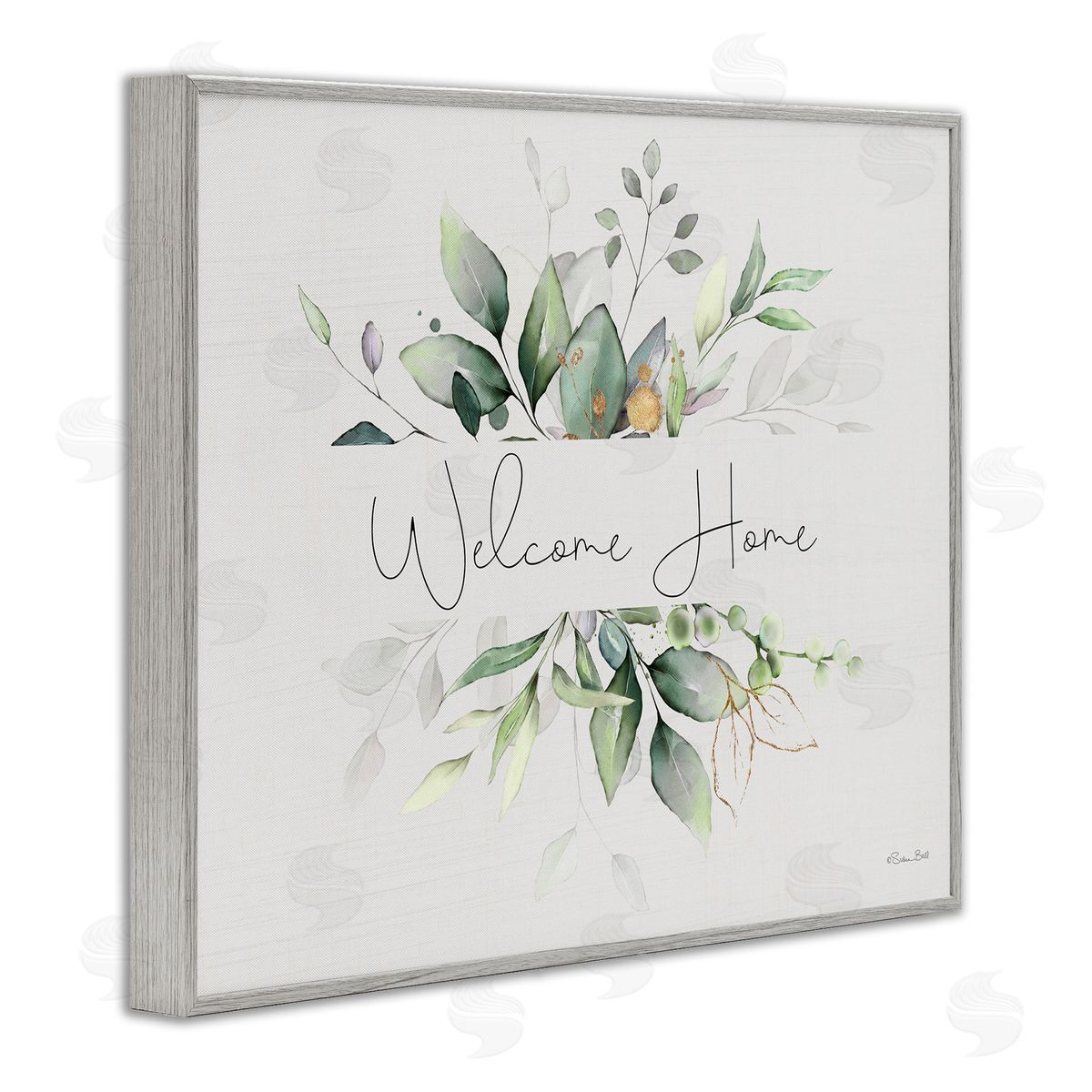 Soft Leaves Welcome Grey Frame Print Wall Art, Home Decor by Susan Ball