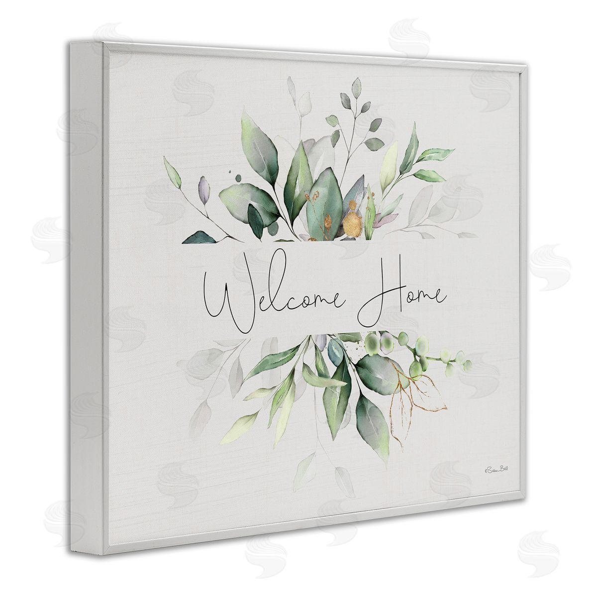 Soft Leaves Welcome White Frame Print Wall Art, Home Decor by Susan Ball