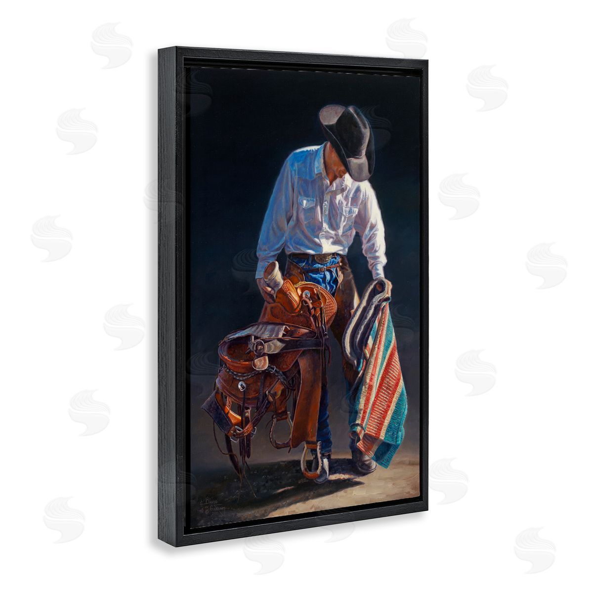 Stoic Cowboy and Saddle Black Floating Frame Canvas Wall Art, Home Decor by David Graham