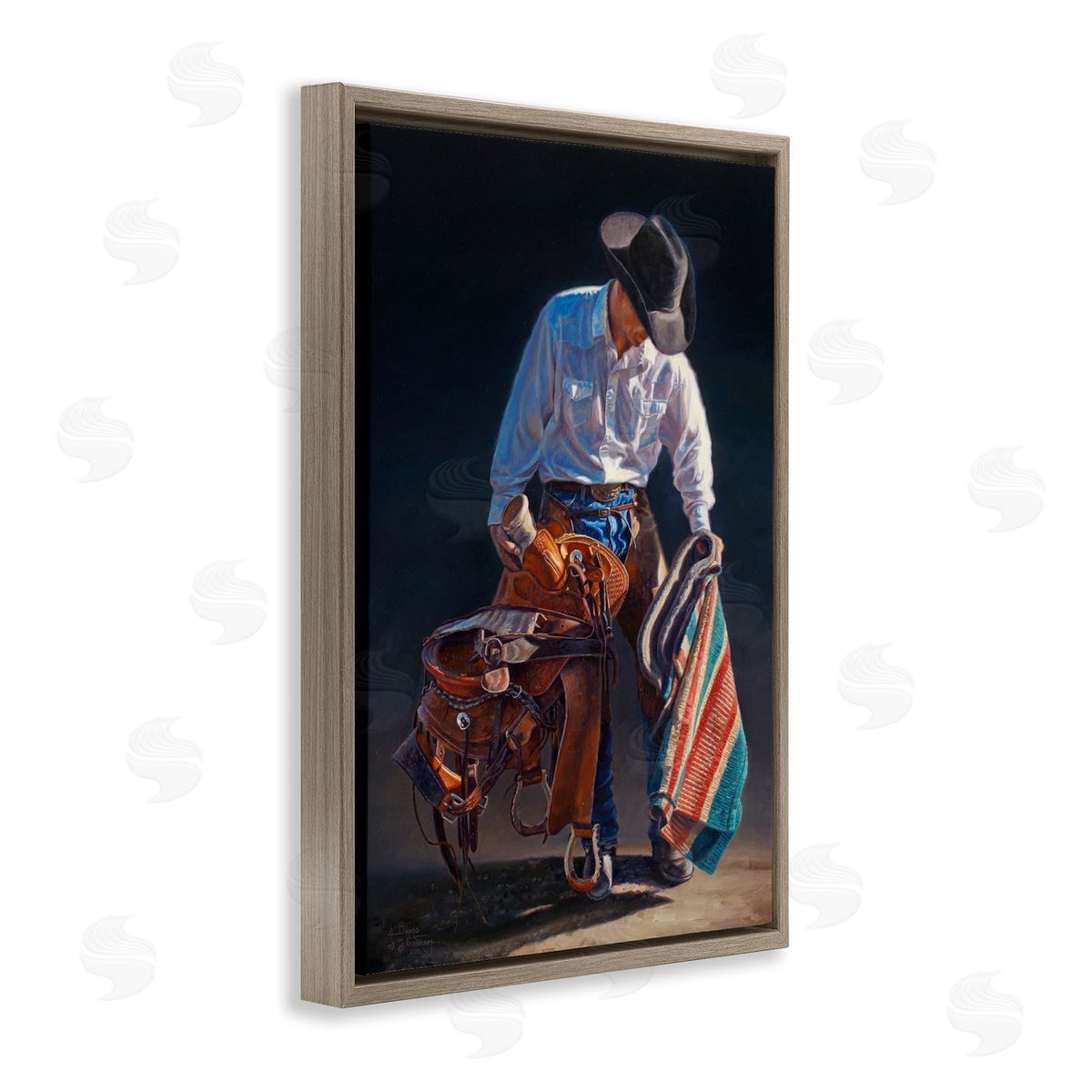 Stoic Cowboy and Saddle Brown Floating Frame Canvas Wall Art, Home Decor by David Graham