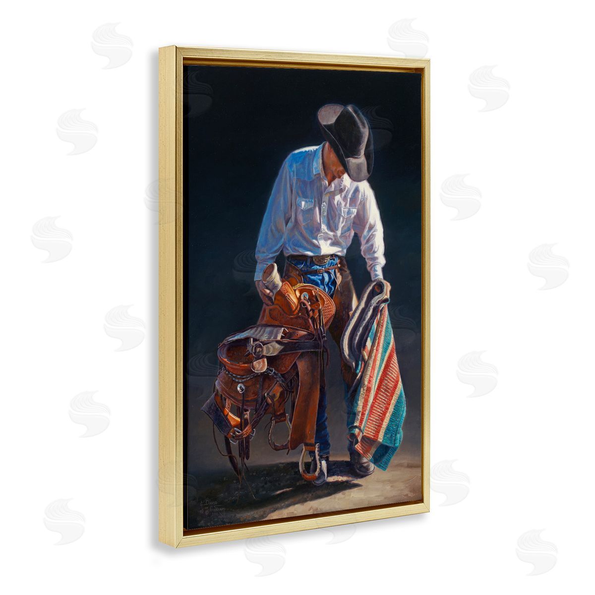 Stoic Cowboy and Saddle Gold Floating Frame Canvas Wall Art, Home Decor by David Graham