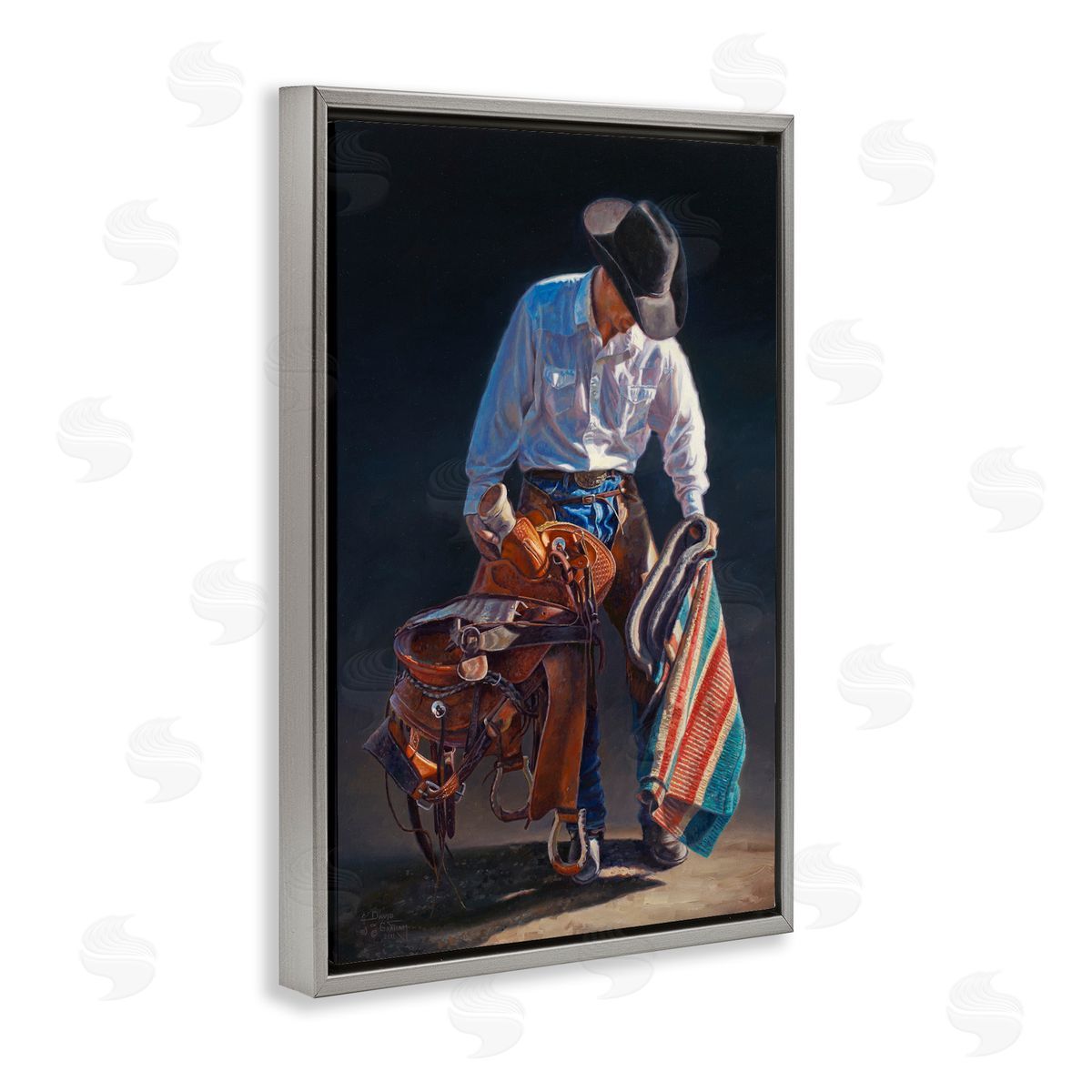 Stoic Cowboy and Saddle Grey Floating Frame Canvas Wall Art, Home Decor by David Graham