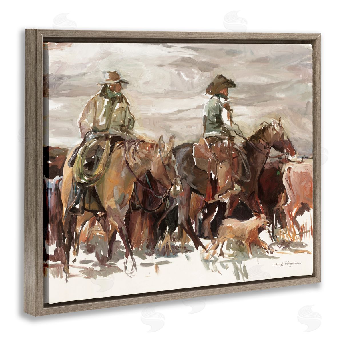 Round Up Cowboys Brown Floating Frame Canvas Wall Art, Home Decor by Marilyn Hageman