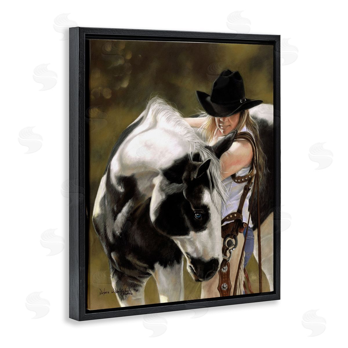 Cowgirl and Spotted Horse Black Floating Frame Canvas Wall Art, Home Decor by Victoria Schultz