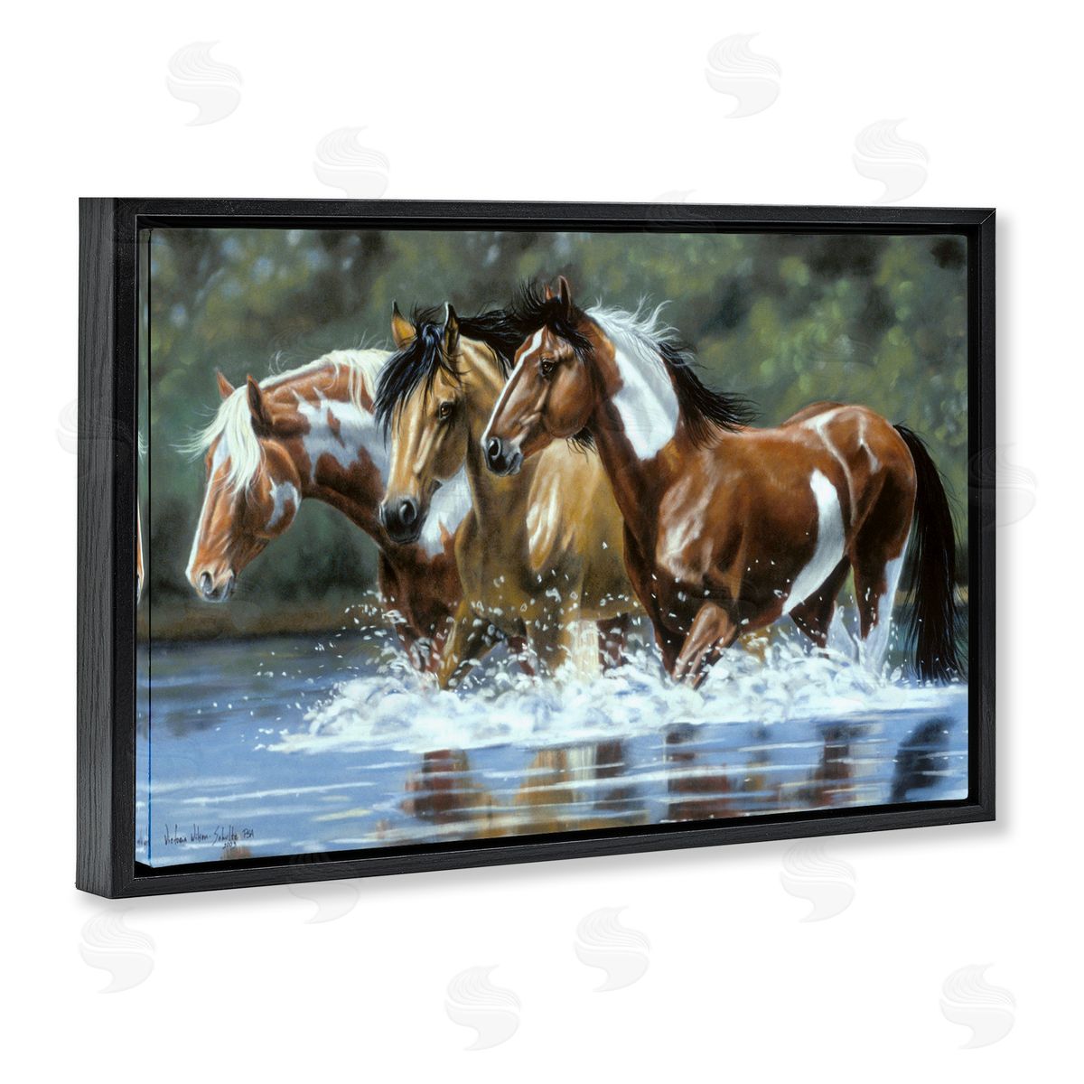 Heading Upstream Horses Black Floating Frame Canvas Wall Art, Home Decor by Victoria Schultz