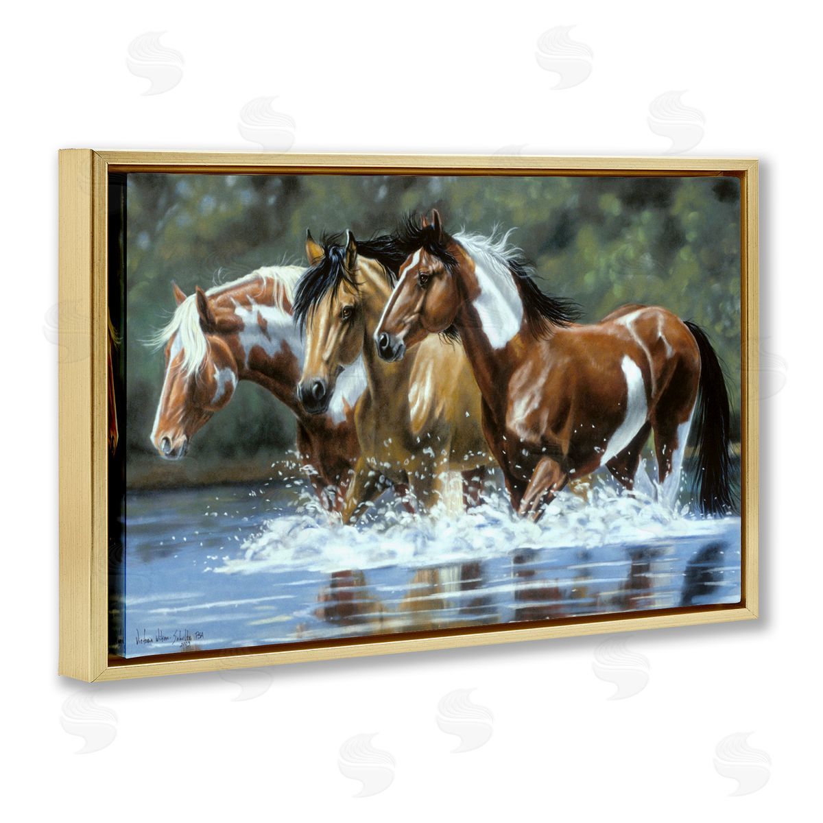 Heading Upstream Horses Gold Floating Frame Canvas Wall Art, Home Decor by Victoria Schultz