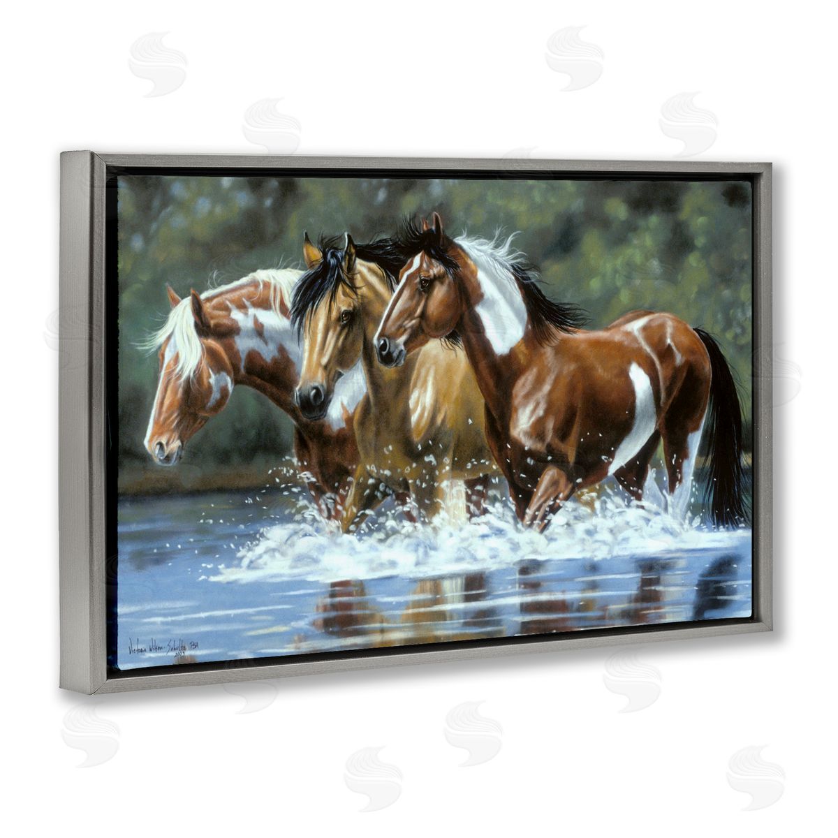 Heading Upstream Horses Grey Floating Frame Canvas Wall Art, Home Decor by Victoria Schultz