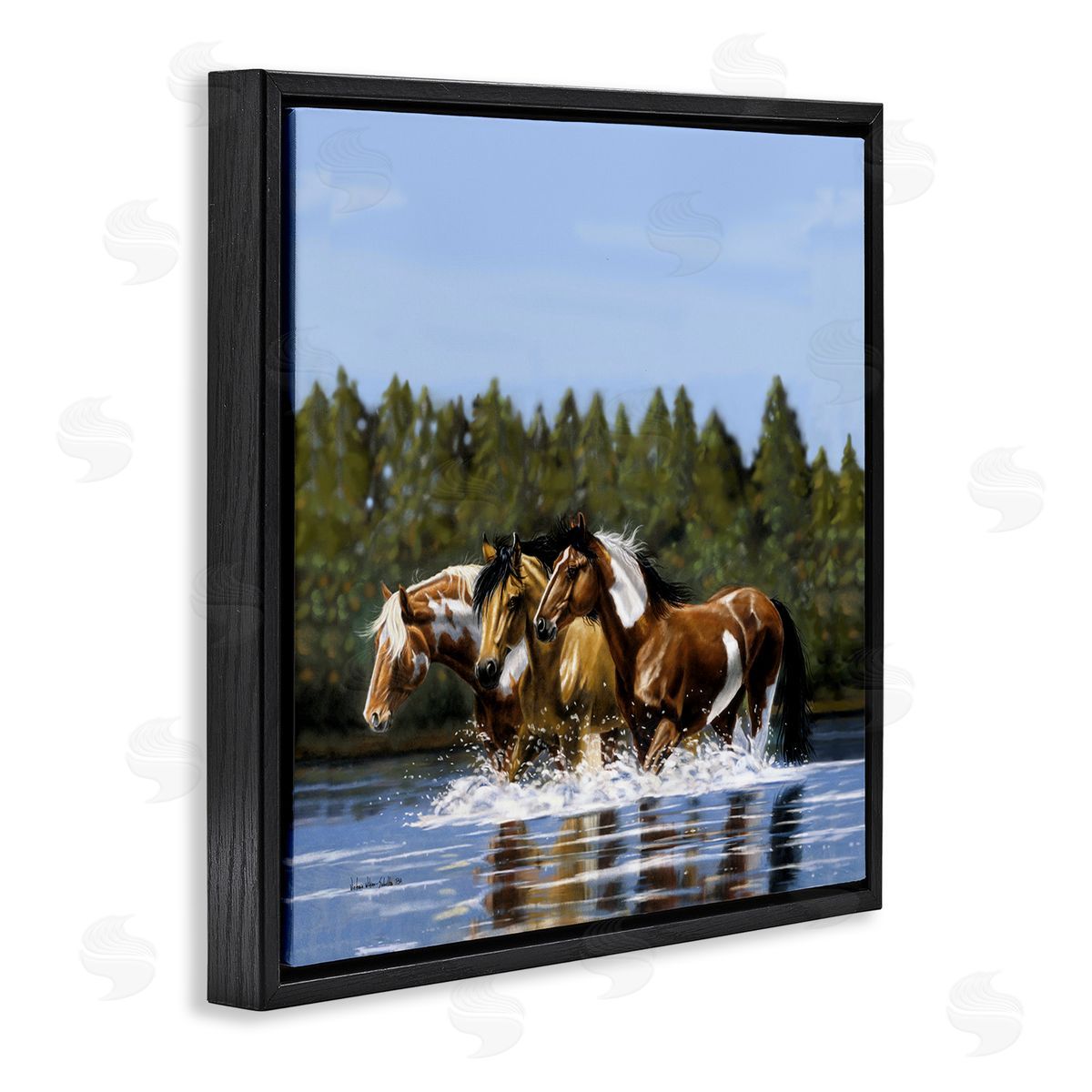 Horses Upstream Splashing Black Floating Frame Canvas Wall Art, Home Decor by Victoria Schultz