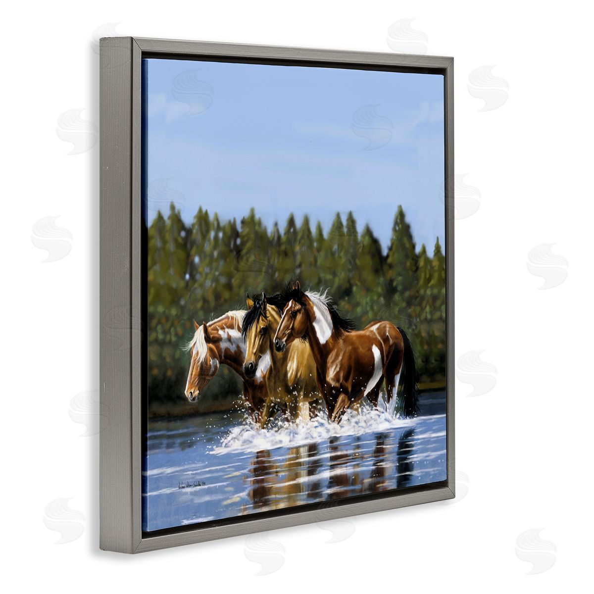 Horses Upstream Splashing Grey Floating Frame Canvas Wall Art, Home Decor by Victoria Schultz