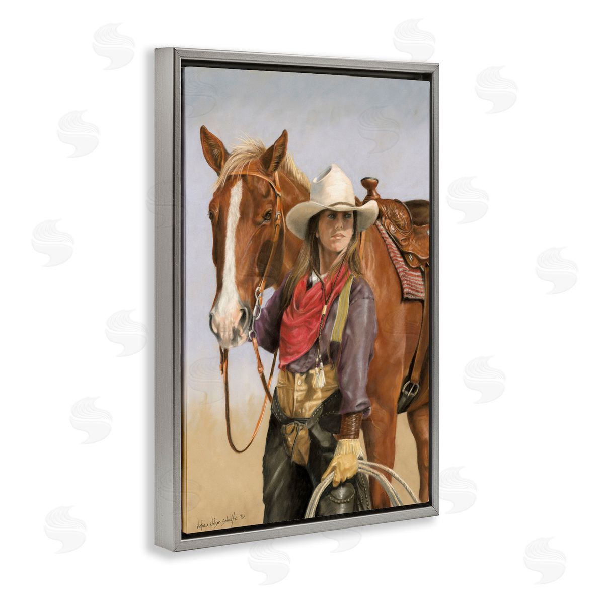 Powerful Female Cowgirl Grey Floating Frame Canvas Wall Art, Home Decor by Victoria Schultz