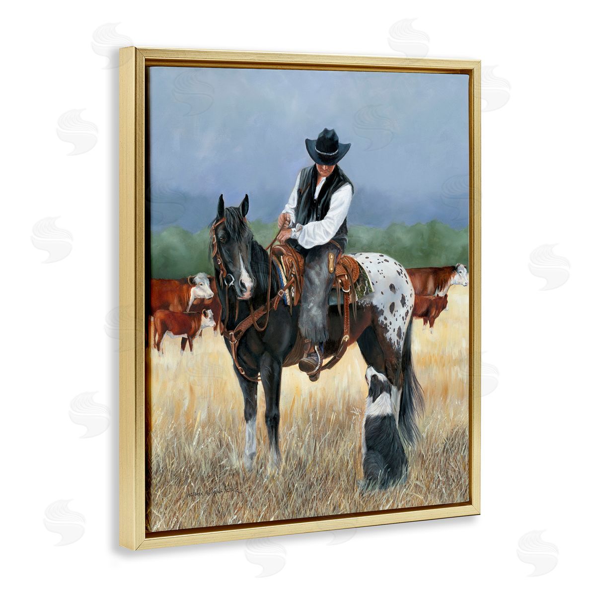 Cowboy and Dog Gold Floating Frame Canvas Wall Art, Home Decor by Victoria Schultz
