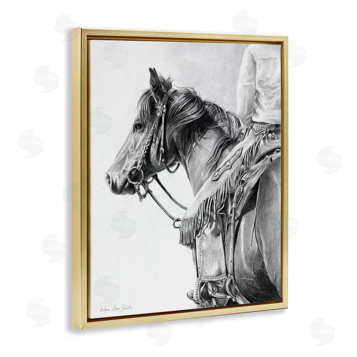 Detailed Stallion and Cowboy Gold Floating Frame Canvas Wall Art, Home Decor by Victoria Schultz