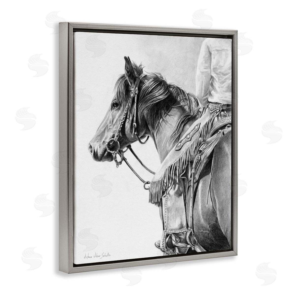 Detailed Stallion and Cowboy Grey Floating Frame Canvas Wall Art, Home Decor by Victoria Schultz