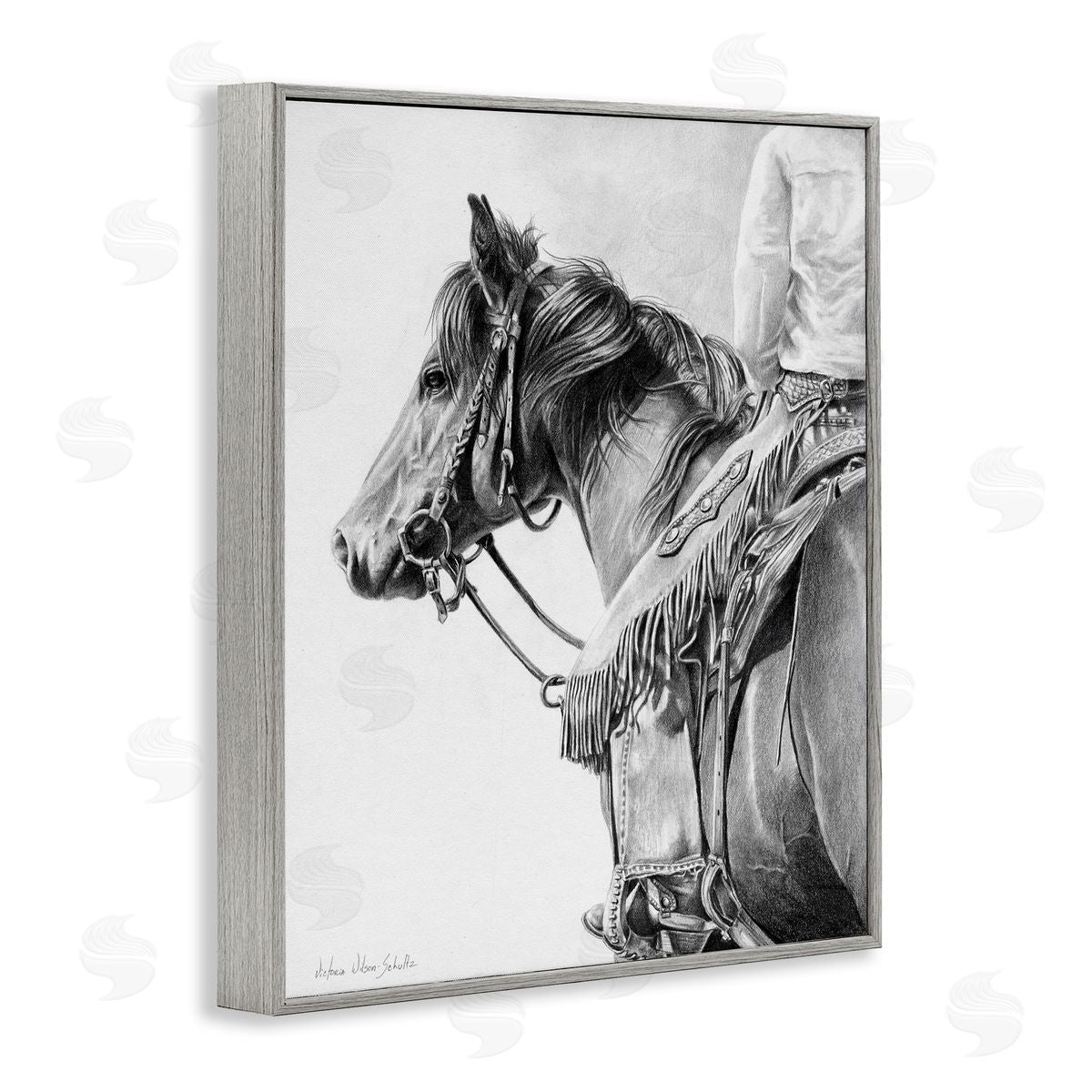Detailed Stallion and Cowboy Grey Frame Print Wall Art, Home Decor by Victoria Schultz