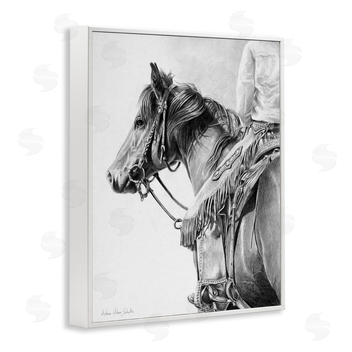 Detailed Stallion and Cowboy White Frame Print Wall Art, Home Decor by Victoria Schultz