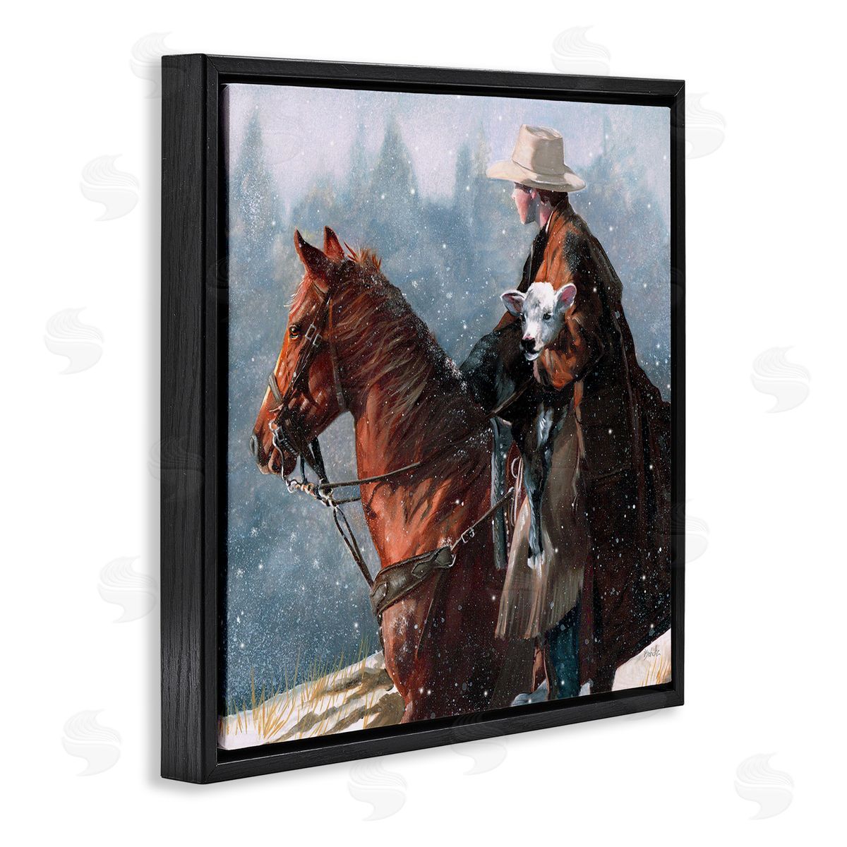Cowboy Snow Scene Black Floating Frame Canvas Wall Art, Home Decor by Victoria Schultz
