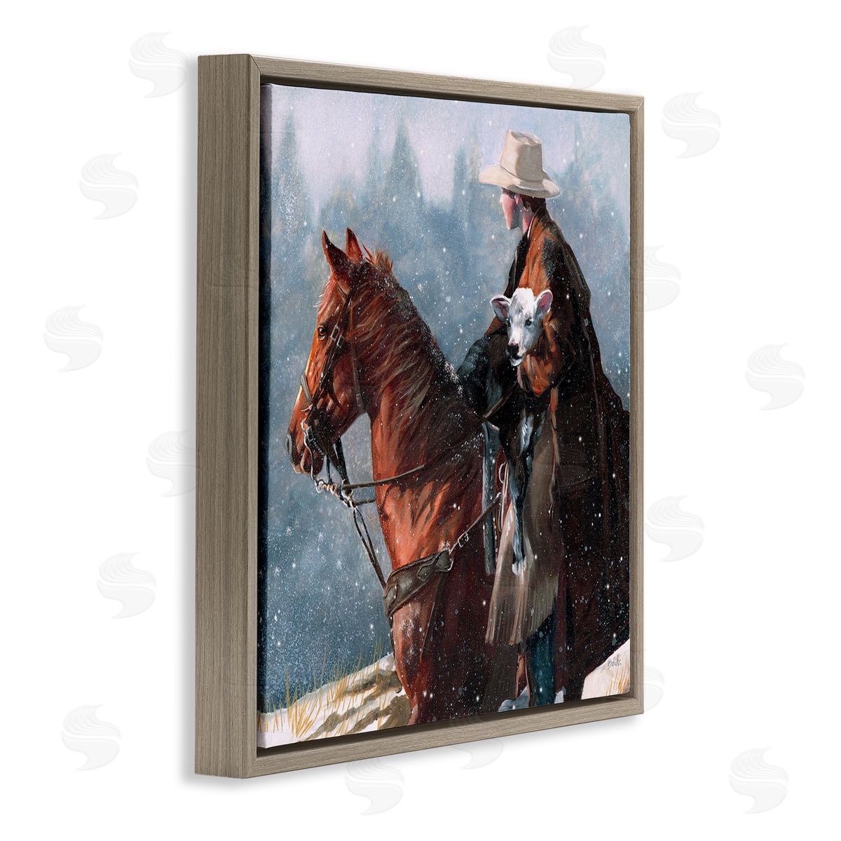 Cowboy Snow Scene Brown Floating Frame Canvas Wall Art, Home Decor by Victoria Schultz