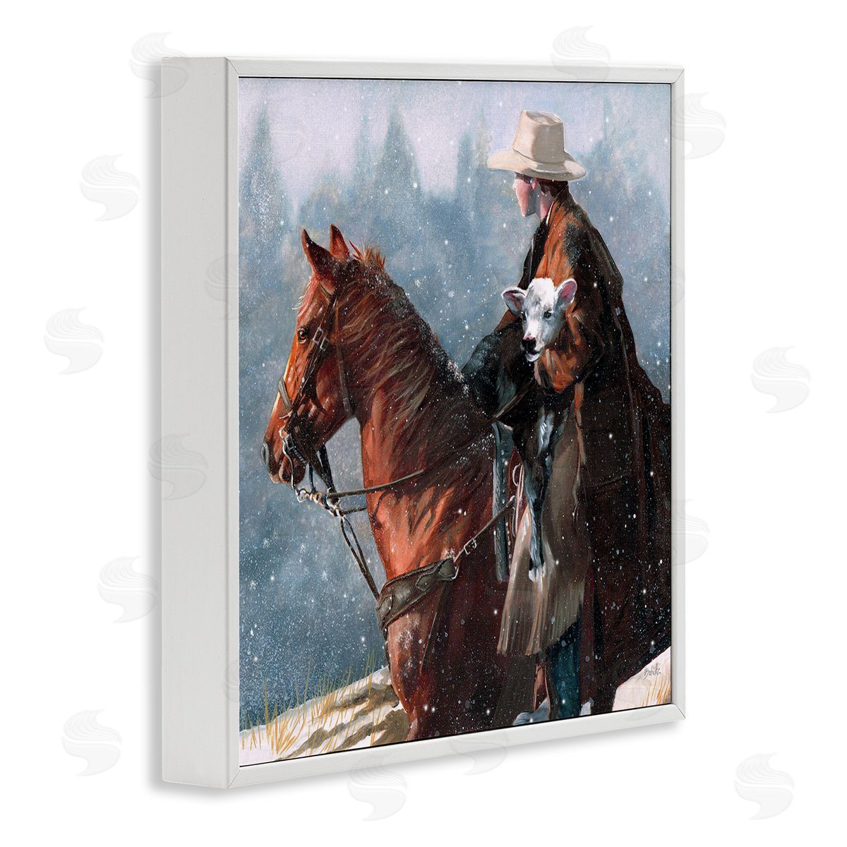 Cowboy Snow Scene White Frame Print Wall Art, Home Decor by Victoria Schultz